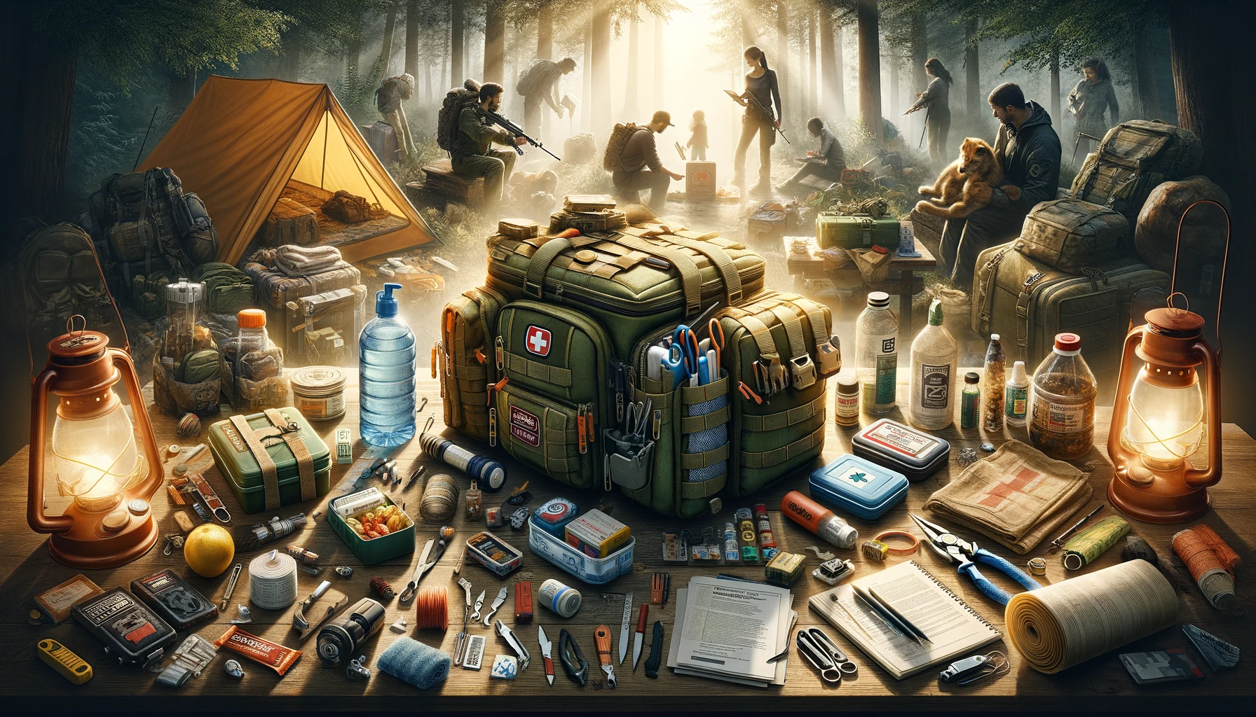 A detailed scene showing individuals organizing a versatile bug out bag with essential survival items including water filtration devices, first aid kits, multi-tools, emergency food supplies, and lightweight shelter, emphasizing the importance and readiness for emergency situations.