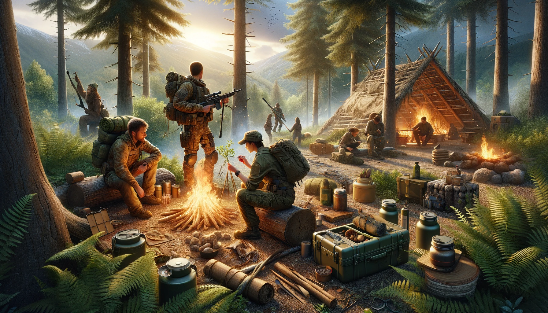A highly realistic depiction of individuals and families practicing essential survival skills, including fire-starting, water purification, shelter building, and foraging, in a detailed and vibrant setting that emphasizes readiness and adaptability for survival and self-reliance