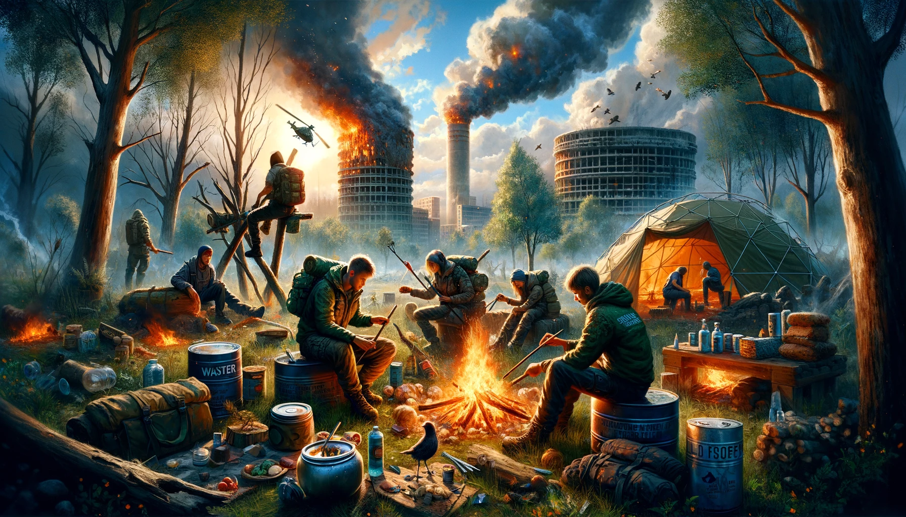 A dynamic and realistic scene showcasing individuals and families practicing essential survival skills for doomsday prepping, including fire-starting, water purification, shelter building, and foraging, in a setting that emphasizes urgency and adaptability.