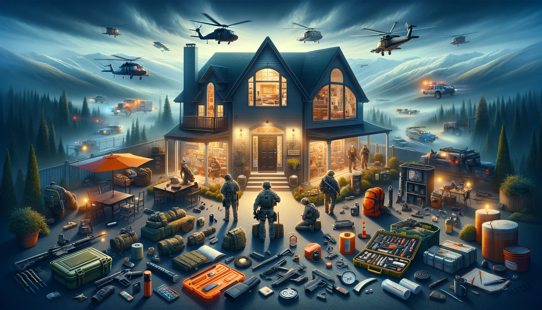 A detailed and vibrant scene showcasing a variety of home and personal defense tools and strategies, including security systems and fortified entry points, being utilized by individuals or families, highlighting the strategic importance of safety and security in emergency preparedness.