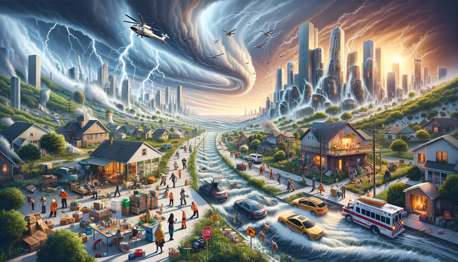 An ultra-detailed and vibrant depiction of comprehensive natural disaster preparedness, showcasing advanced evacuation planning, a wide range of emergency supplies, innovative securing techniques, and community engagement, highlighting meticulous planning and heightened readiness.