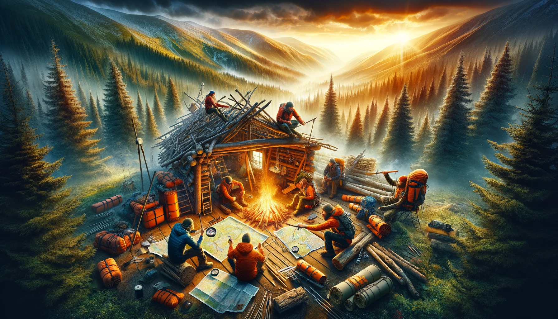 Individuals mastering navigation and shelter building in the wilderness, using compasses, maps, and GPS devices, and constructing shelters, in a dynamic scene that captures the essence of self-reliance and adaptability.