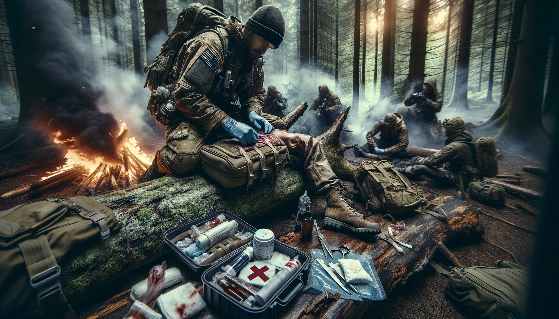 Dynamic illustration of first aid and emergency preparedness in remote settings, showing individuals applying first aid treatments and preparing medical kits in a wilderness environment, embodying self-sufficiency and readiness, appealing to preppers