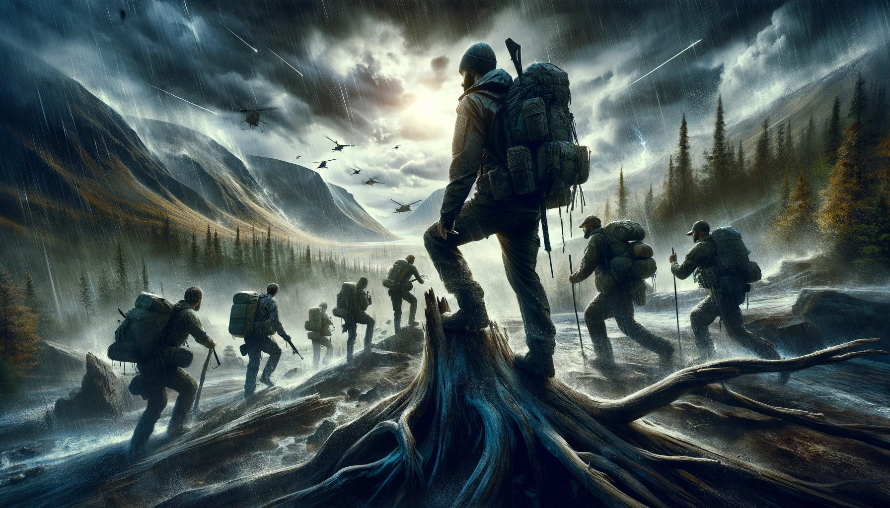Dynamic illustration of individuals developing a survival mindset in wilderness settings, navigating challenging terrains and practicing mental resilience, capturing the essence of adaptability and perseverance, appealing to preppers.