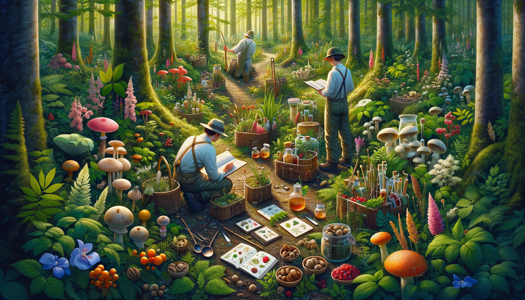 A vibrant and detailed depiction of foragers identifying and harvesting a variety of edible plants and fungi in a lush forest, using knowledge and technology for safety. The image emphasizes the rich biodiversity and the sustainable practice of foraging, showcasing wild berries, mushrooms, and other natural food sources.