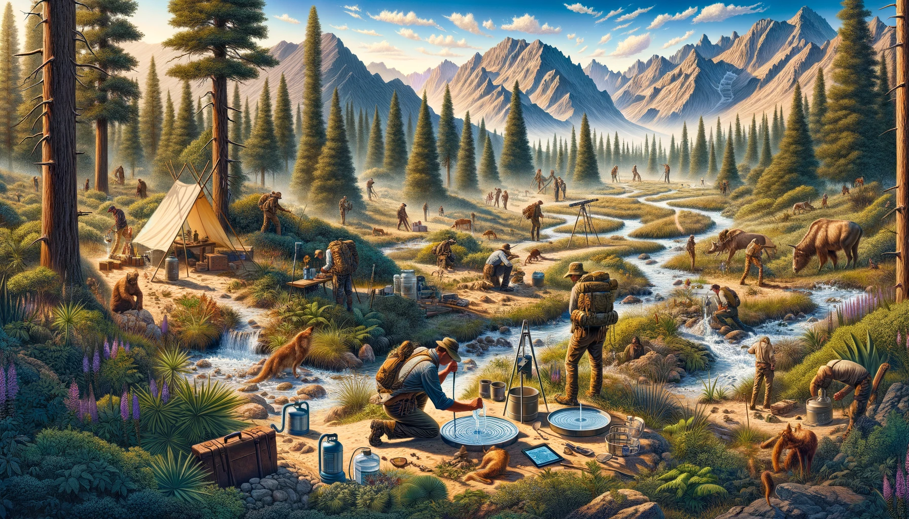 An informative and vivid depiction of individuals using both traditional and modern methods to find water in diverse terrains, including forests, mountains, and deserts. The image highlights survival techniques like following animal tracks, using topographical maps, and constructing solar stills, emphasizing the essential skill of locating water sources for hydration in the wilderness.