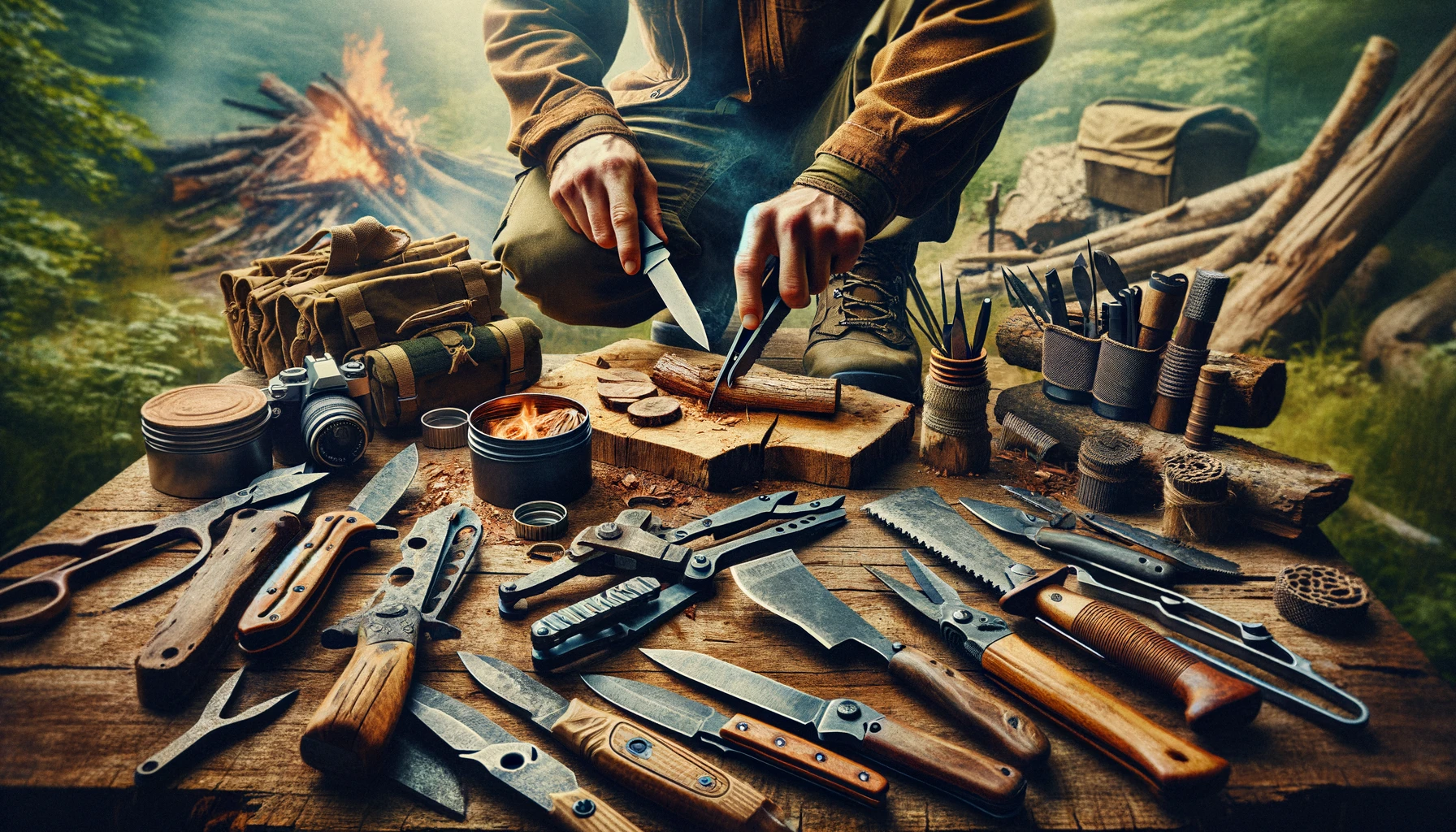 A detailed depiction of individuals skillfully using a variety of bushcraft tools and knives for carving wood, preparing food, creating fire starters, and constructing shelters in a wilderness setting. The image showcases the precision and craftsmanship required for mastery of these essential survival tools, highlighting the essence of self-reliance and outdoor survival.
