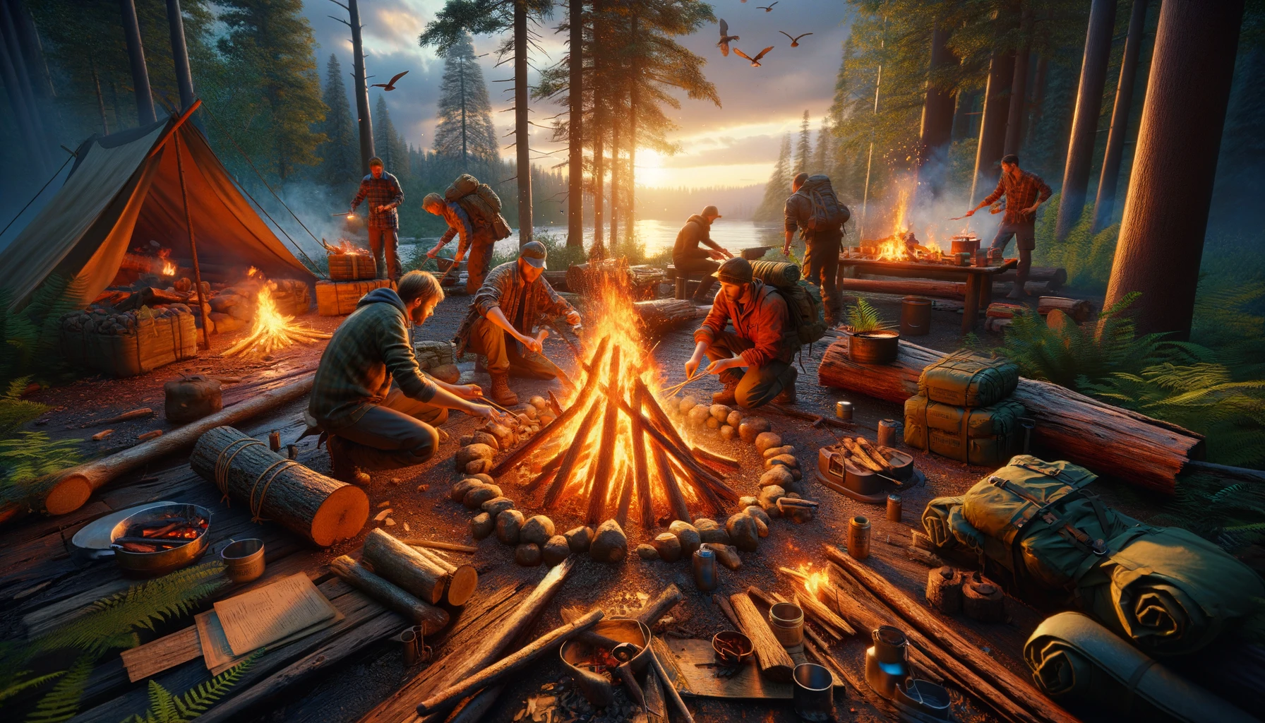 A realistic depiction of individuals building and managing a campfire in the wilderness, showcasing gathering and preparing firewood, lighting the fire with traditional and modern methods, and using the fire for cooking, warmth, and signaling. The image captures the essential skills of fire creation and management against the backdrop of an evening sky, highlighting the importance of fire in survival scenarios