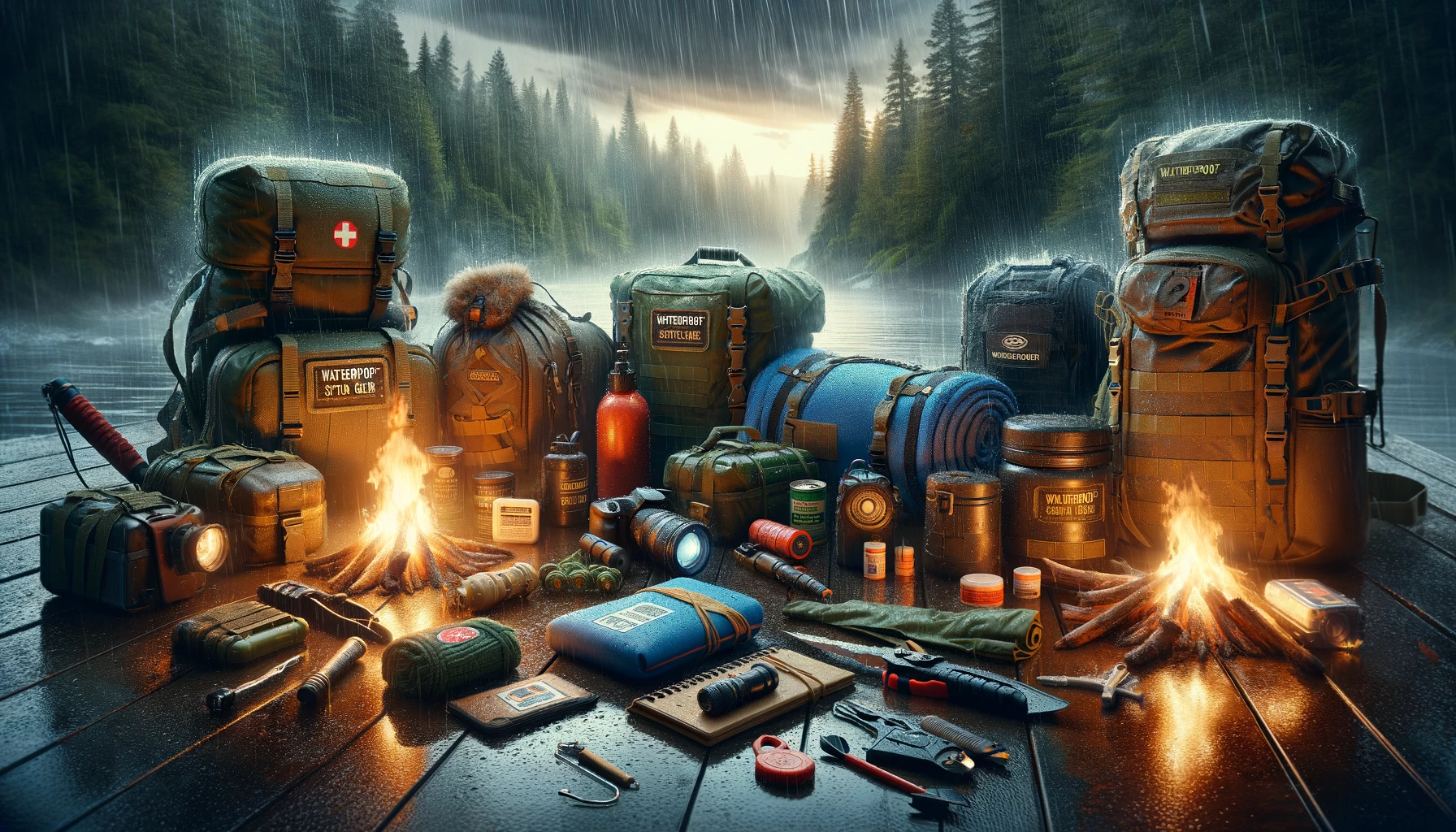 A dynamic and realistic depiction of advanced waterproof survival gear, including waterproof bags, containers, emergency blankets, all-weather notebooks, water-resistant flashlights, and fire-starting tools, laid out or being used in a rain-drenched outdoor setting. The image emphasizes the importance of waterproofing in survival situations, appealing to preppers prepared for extreme conditions.