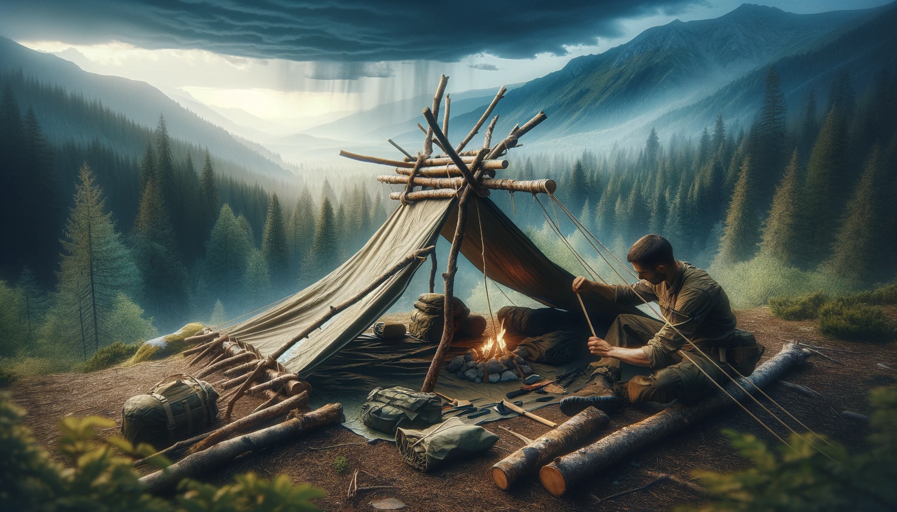 A highly detailed, realistic depiction of constructing a tarp shelter in a wilderness setting, showcasing the process of anchoring a durable tarp with natural materials and securing it with ropes. The backdrop indicates impending weather changes, highlighting the shelter's utility in providing immediate protection, designed to inspire confidence in survival gear preparation.