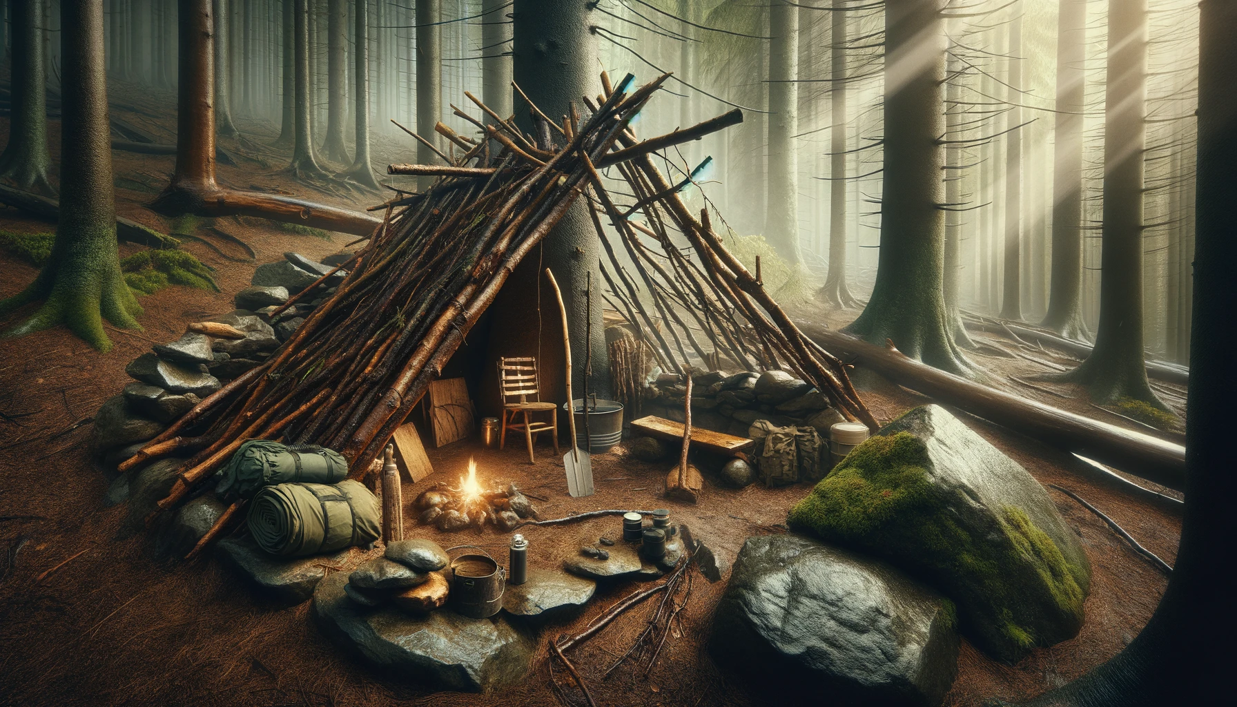 A highly detailed and realistic depiction of constructing a lean-to shelter against a tree or rock, utilizing branches, leaves, and natural resources, with strategic orientation for protection from wind and rain, and proximity to a heat source for warmth. The scene demonstrates the shelter's utility in survival situations, providing an educational and inspiring guide on building quick and effective protection in the wild, appealing to preppers' emphasis on survival skills and preparedness.
