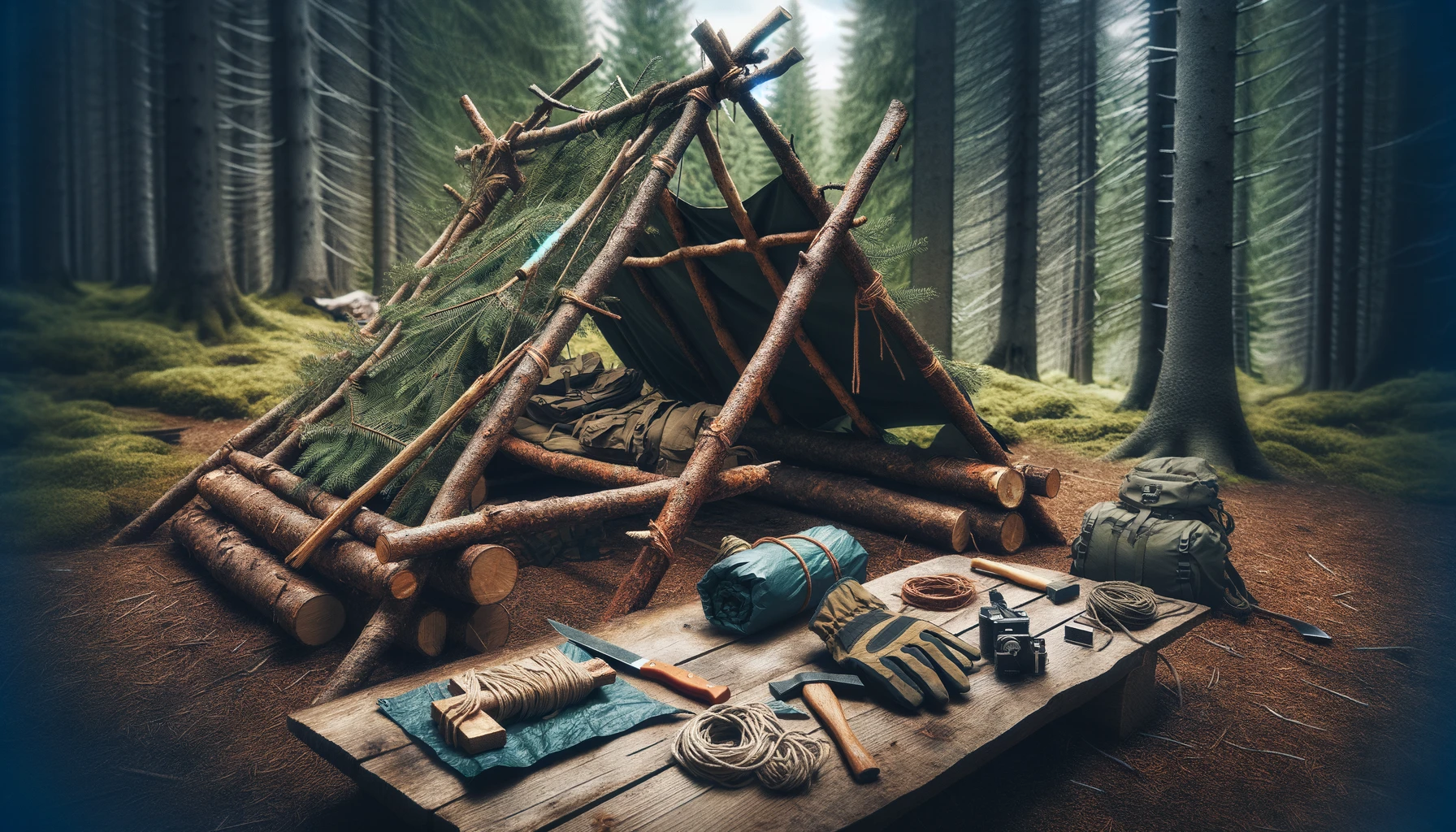 A highly detailed and realistic image demonstrating the construction of an A-Frame survival shelter in a dense forest, featuring natural materials like branches and leaves, with survival gear such as a waterproof tarp, rope, and essential tools like an axe and a knife. The setting and composition are designed to appeal to preppers, highlighting the importance of skill and preparedness in wilderness survival scenarios.