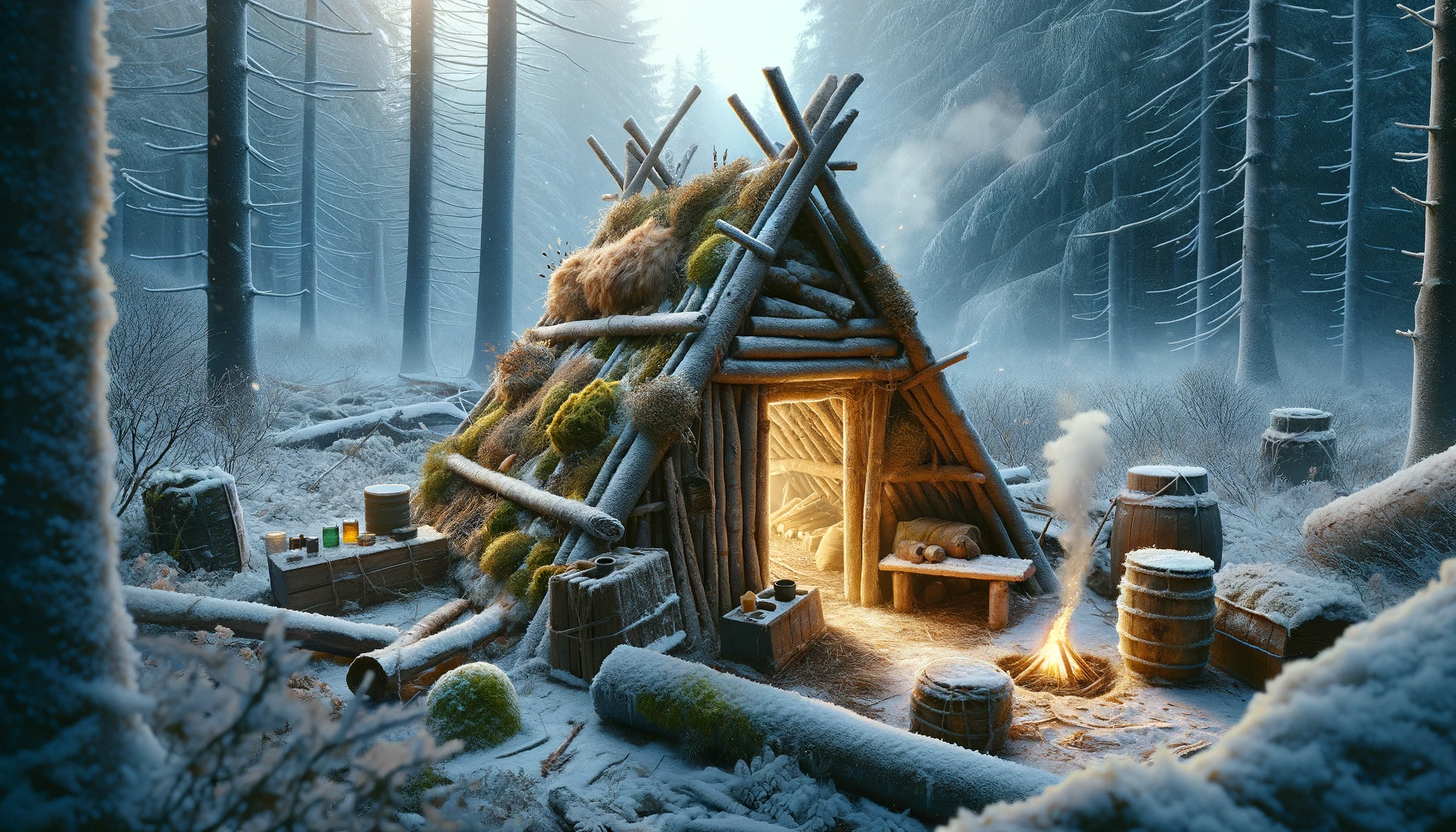 An engaging and detailed depiction of a well-insulated survival shelter in a snowy environment, highlighting the use of natural insulation materials such as moss, leaves, and debris. The shelter emits a warm glow and smoke, contrasting with the cold, winter forest backdrop, showcasing the importance of insulation and survival skills in extreme weather conditions.