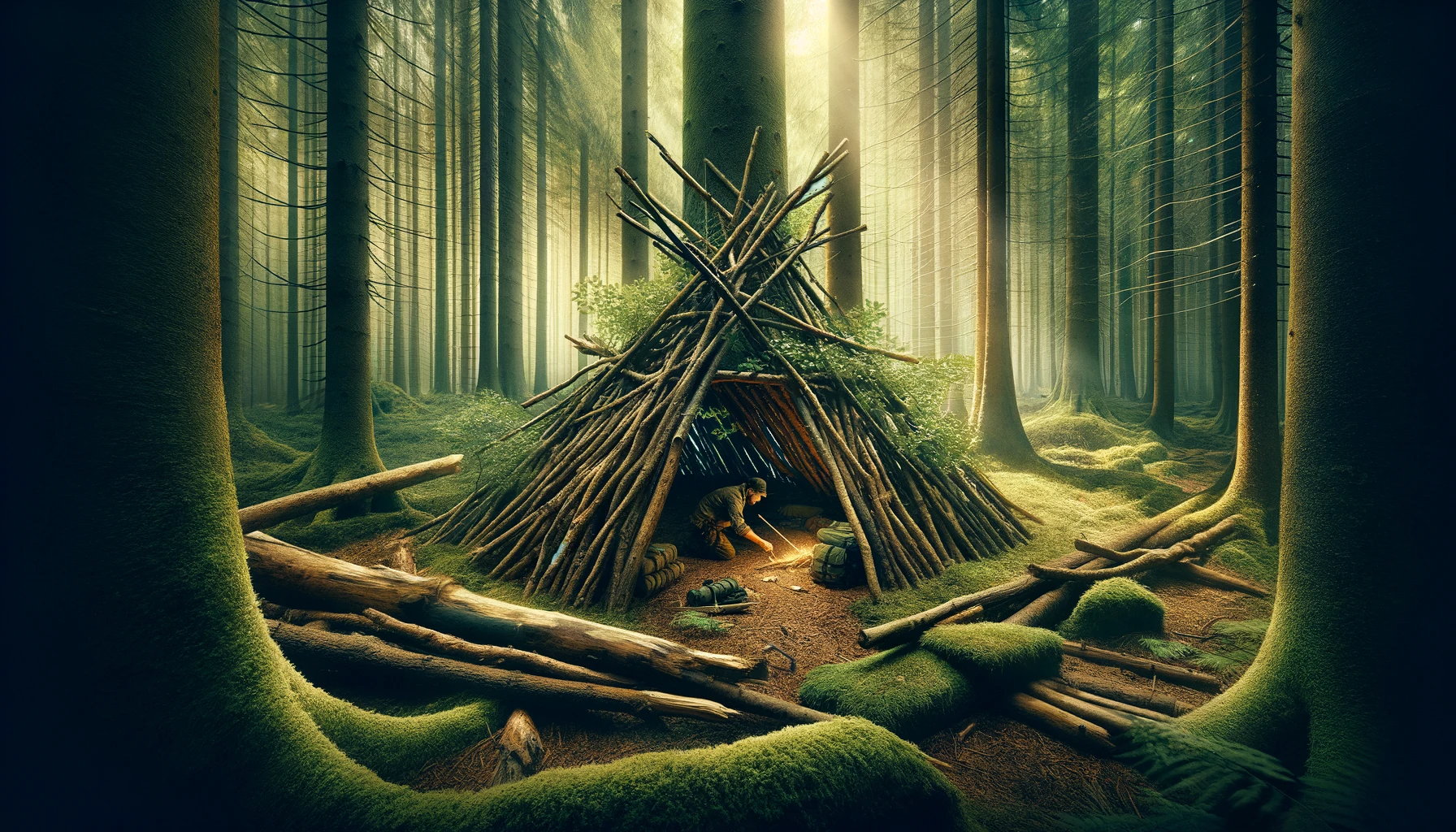 An engaging and detailed scene depicting the construction of a bushcraft shelter using natural materials in a dense, lush forest. The shelter, being skillfully crafted from branches, leaves, and vines, demonstrates the concept of harmony with nature and highlights the importance of self-sufficiency and utilizing the environment for survival. The image captures the essence of wilderness survival and bushcraft skills.