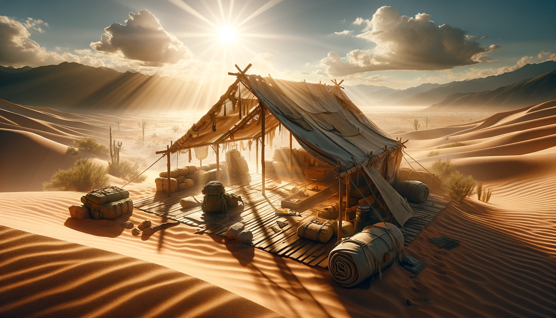 A highly detailed depiction of a desert shelter constructed for extreme survival, featuring sun-reflective materials and lightweight fabrics, set against a vast desert landscape under the harsh midday sun. The shelter is designed to maximize shade and minimize heat exposure, showcasing the use of natural desert elements like sand and rocks. This image captures the essence of adaptability and resilience, emphasizing the importance of environmental awareness and resourcefulness in survival situations.