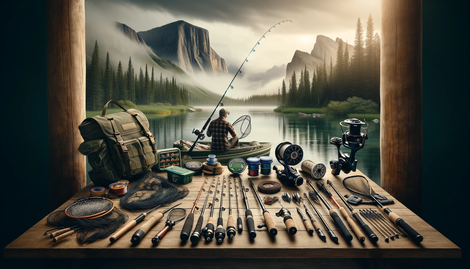 A compelling and informative depiction of essential fishing gear for survival, featuring durable fishing rods, multi-functional hooks, lightweight nets, and portable fish finders. The scene, set against a serene lake or river environment, emphasizes the practicality and versatility of the gear, either through an organized display or demonstrated by a survivalist. This image educates and inspires outdoor enthusiasts and survival experts on the strategic selection of fishing gear, highlighting efficiency, reliability, and adaptability in wilderness survival situations