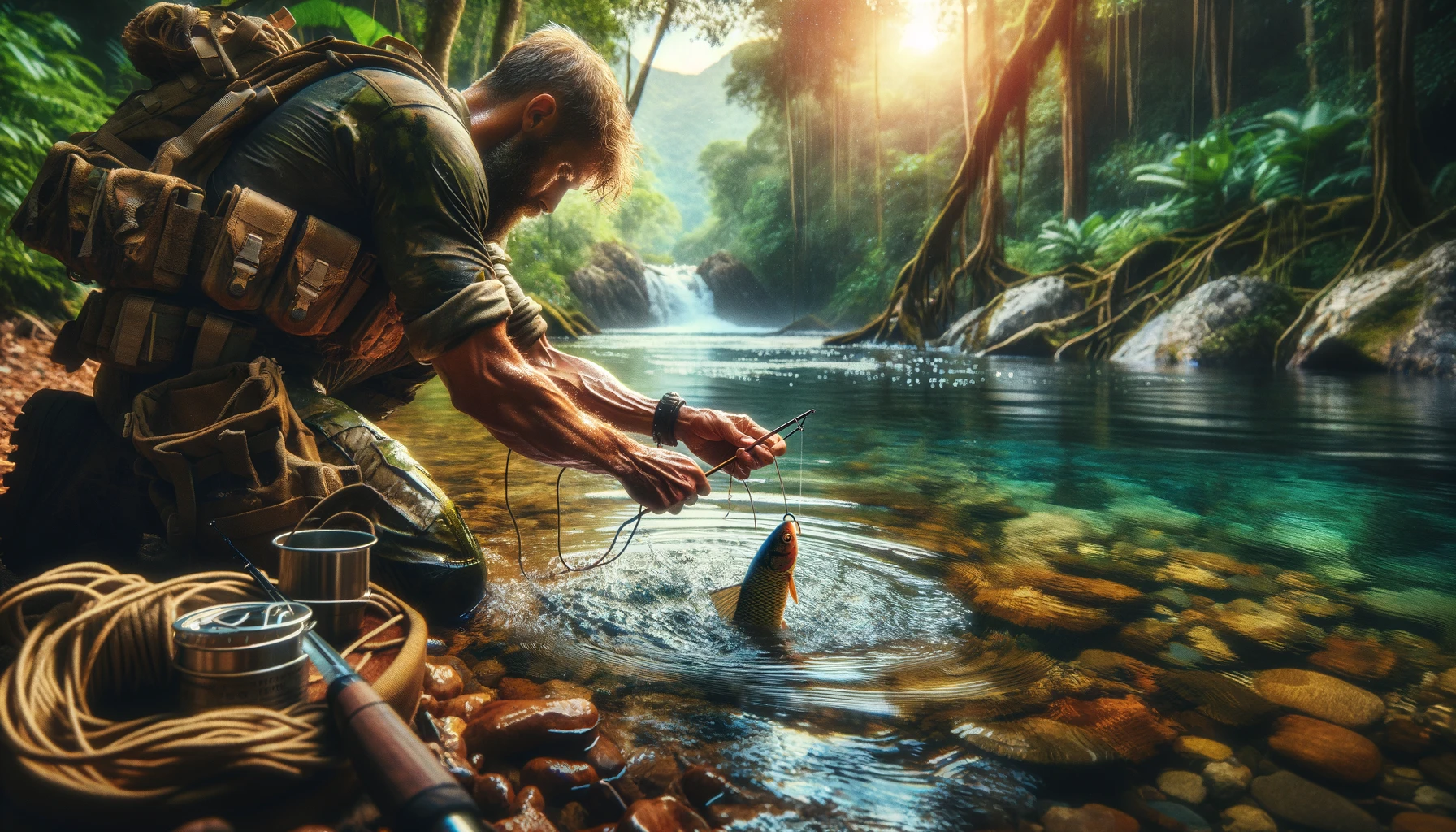 A dynamic and educational depiction of a survivalist mastering hand fishing and the use of gorge hooks in a natural water setting, showcasing the simplicity and efficiency of primitive fishing techniques. The image highlights the survivalist's hands engaging with nature, either catching a fish or setting up a gorge hook, against a backdrop of clear water and lush environment. This illustration emphasizes the importance of direct connection with nature and mastering self-reliance skills for survival enthusiasts and outdoor adventurers