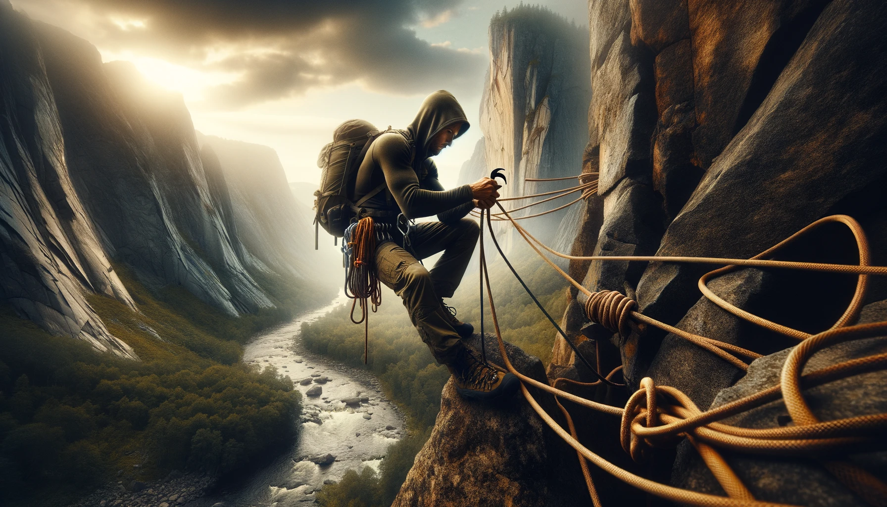 A climber uses a Prusik knot for safety and mobility in a dramatic wilderness setting, appealing to preppers and outdoor enthusiasts