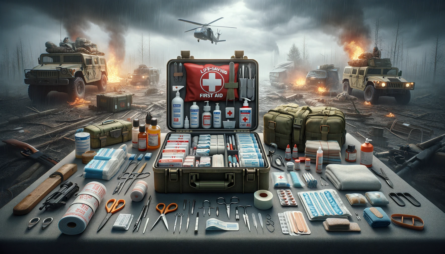 A comprehensive first aid kit open, displaying medical supplies, set against a backdrop highlighting the importance of medical preparedness in emergencies