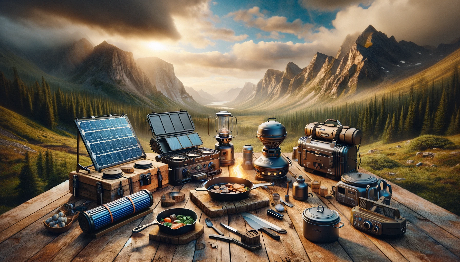 A selection of cooking equipment for off-grid adventures, including portable stoves, solar cookers, and cast-iron skillets, set against a rugged outdoor landscape, highlighting their utility and adaptability
