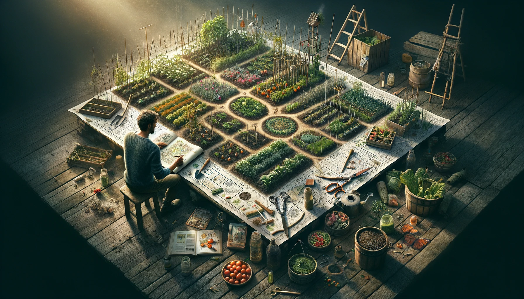A gardener meticulously plans a survival garden, focusing on sustainable practices and diverse crop varieties, set in a carefully considered layout