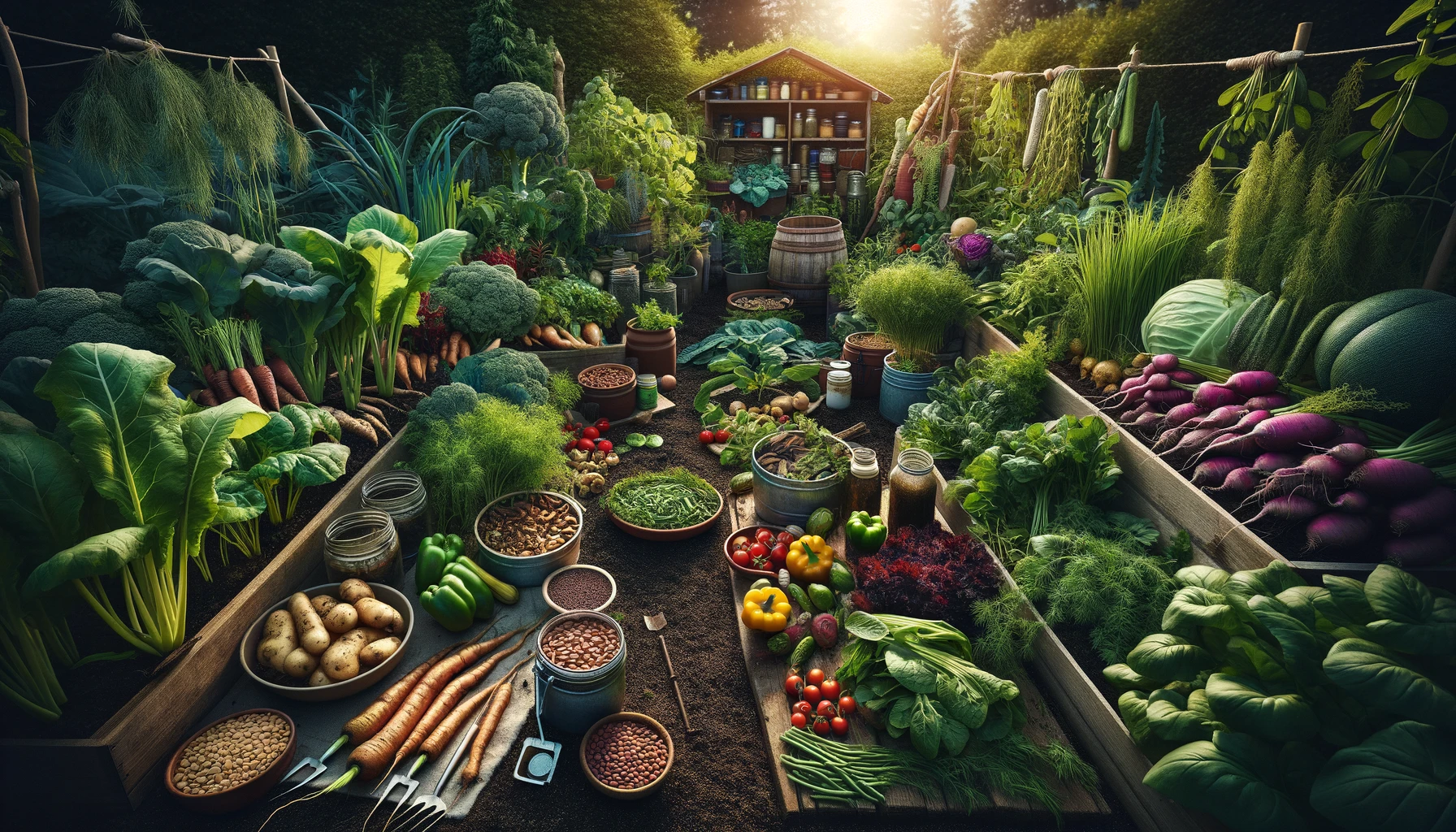 A variety of essential survival garden crops thriving in a well-organized setting, showcasing nutritional value and sustainability for resilience and self-reliance