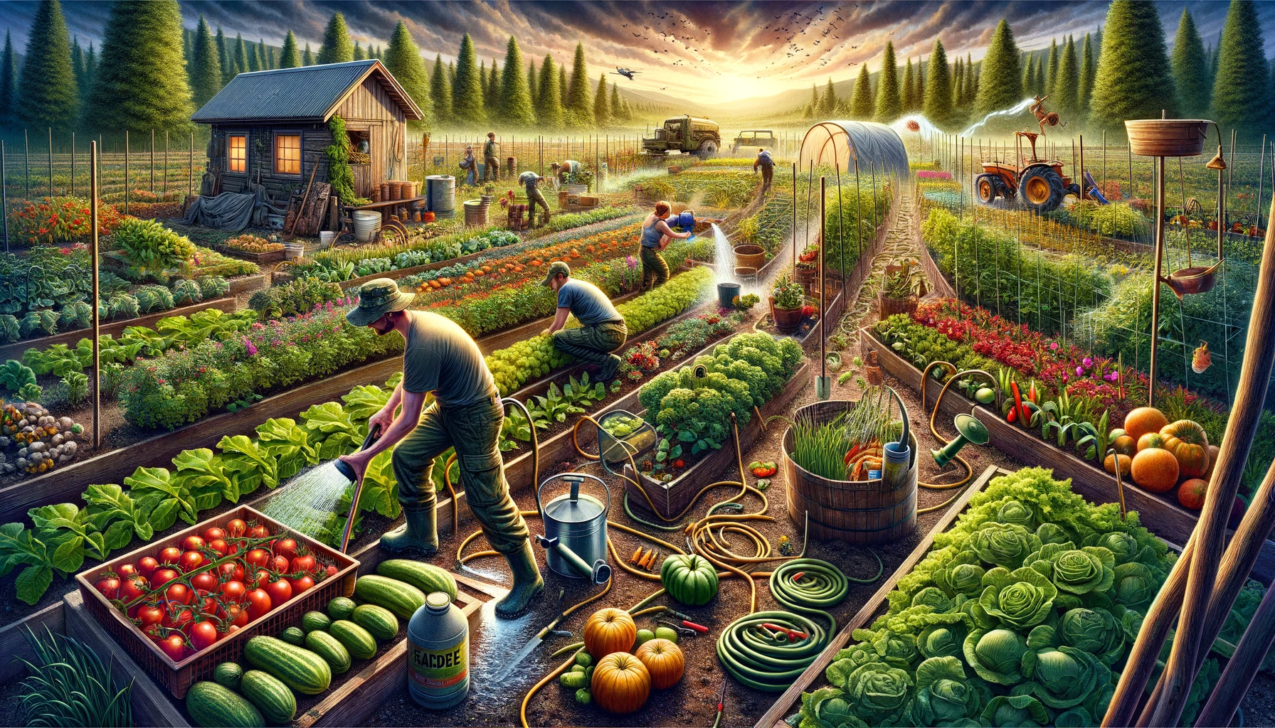 A gardener actively involved in survival garden care, performing tasks like watering, weeding, and pest control, set in a thriving garden full of diverse crops, emphasizing the dedication to ensuring a healthy food source