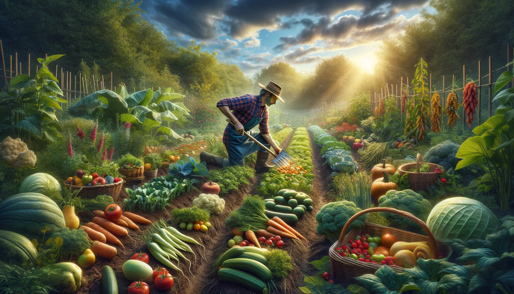 A gardener selects ripe produce in a lush garden, demonstrating harvesting techniques for the best yield, set in a garden at peak harvest season