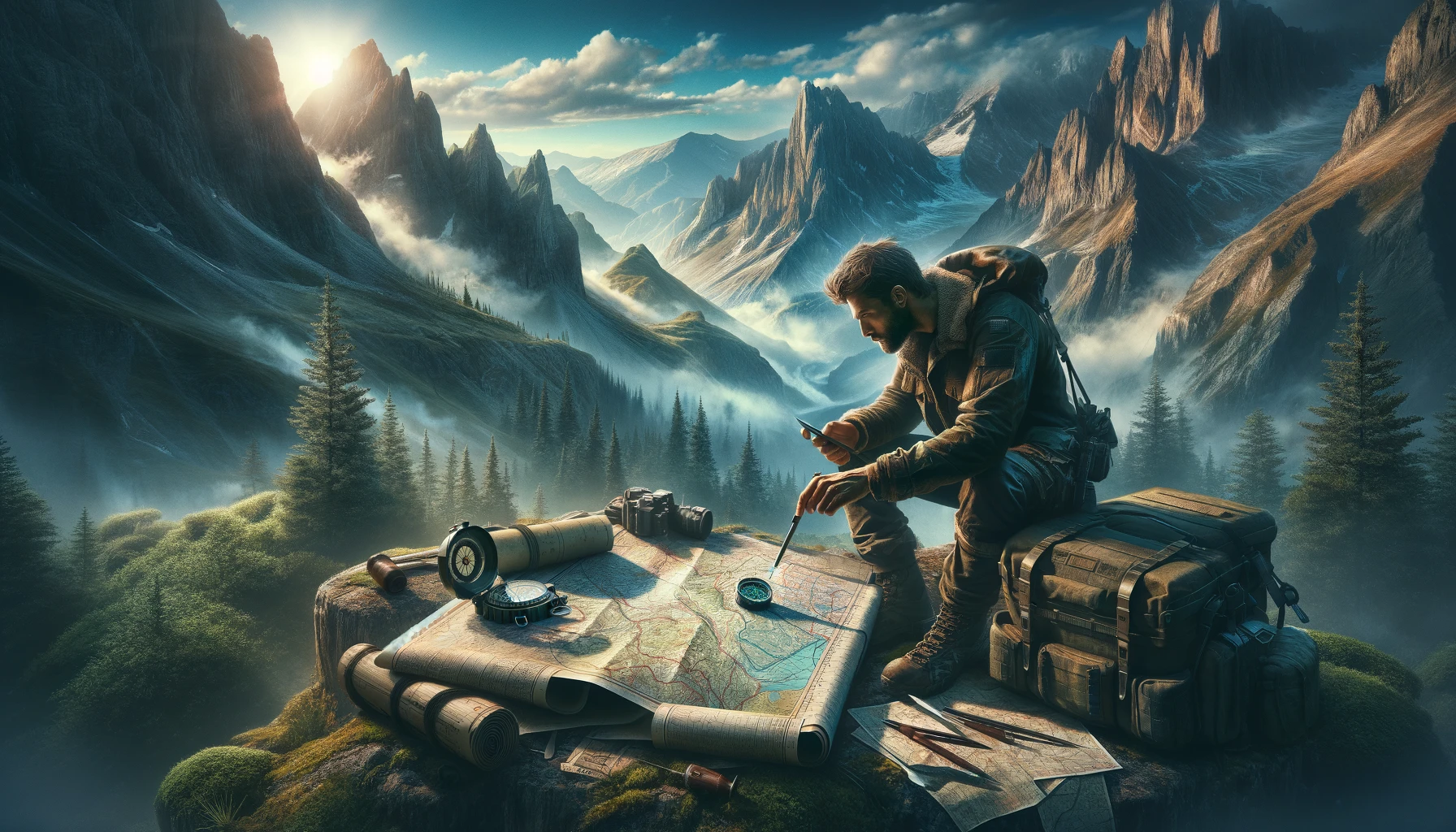 An individual expertly orienting a map in a wilderness setting, using natural landmarks and a compass, showcasing advanced map reading and orientation skills in a breathtaking outdoor environment