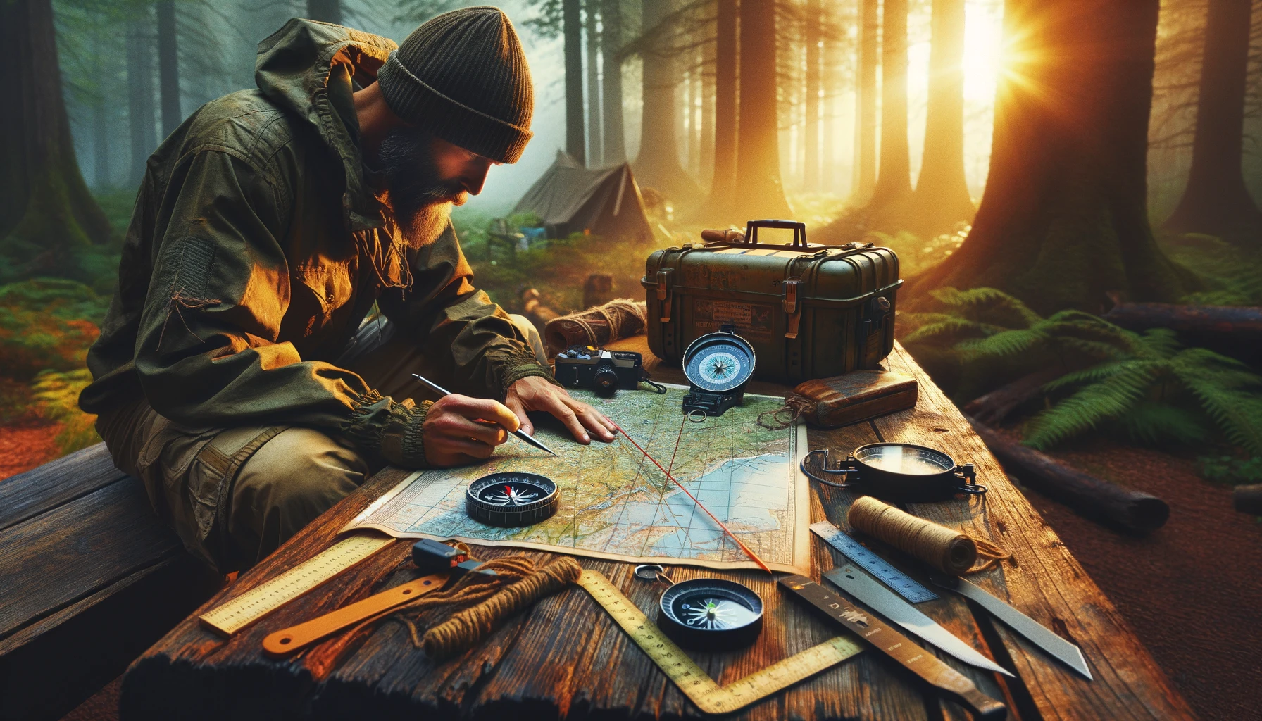 An individual engaged in plotting a course on a map with a compass and ruler, set against an outdoor backdrop, emphasizing precision in map reading and navigation skills in survival scenarios