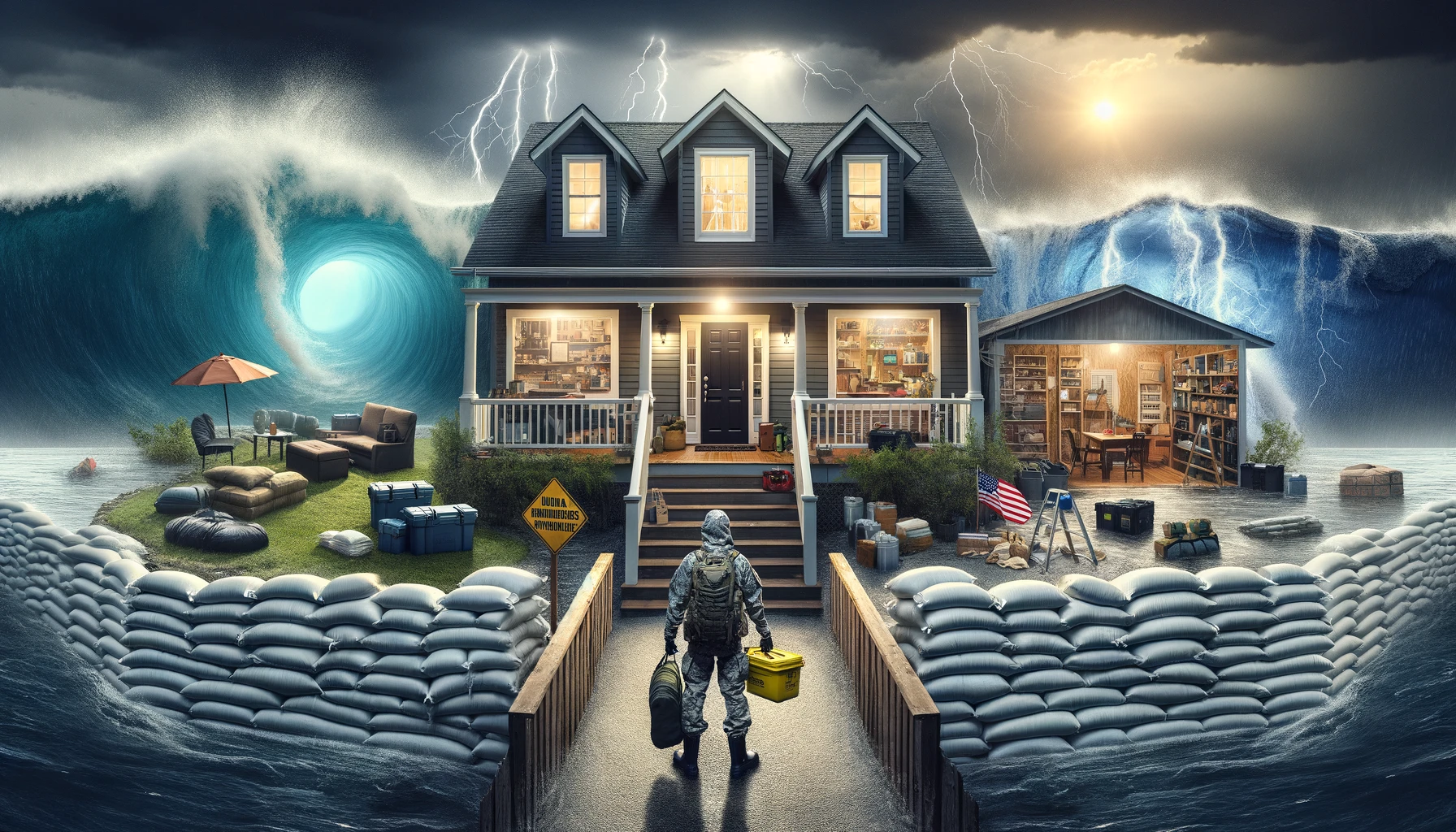 Prepper's home prepared for floods, earthquakes, and hurricanes with sandbags, structural reinforcements, and storm shutters, under a dramatic sky