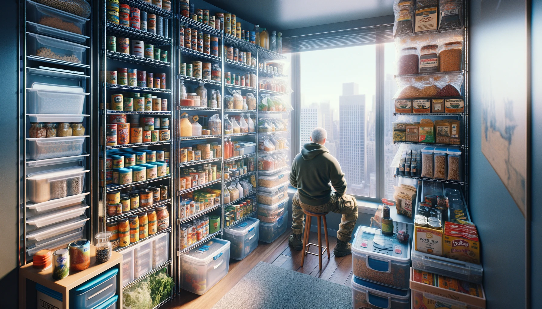 Urban prepper in an apartment organizing food storage with vertical shelving, vacuum-sealed packets, and labeled containers, against a city backdrop