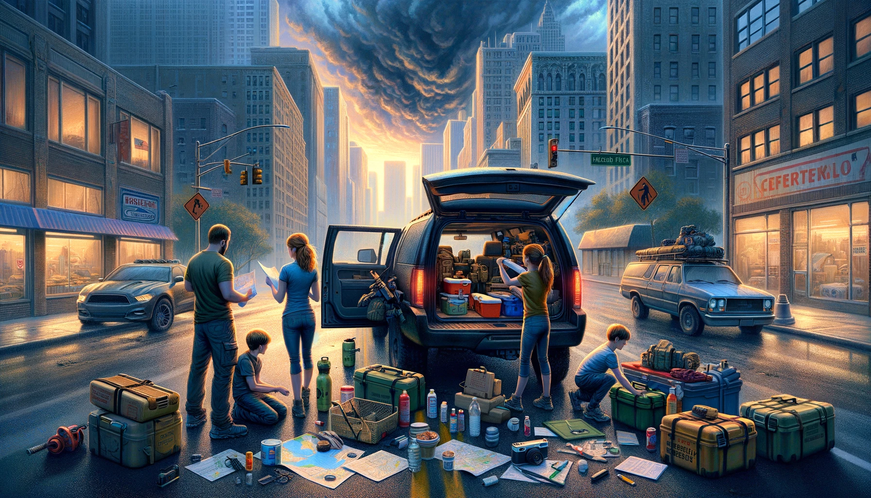 Family of preppers loading essential supplies into a vehicle on a city street, with darkening skies indicating an approaching disaster, emphasizing organized evacuation readiness