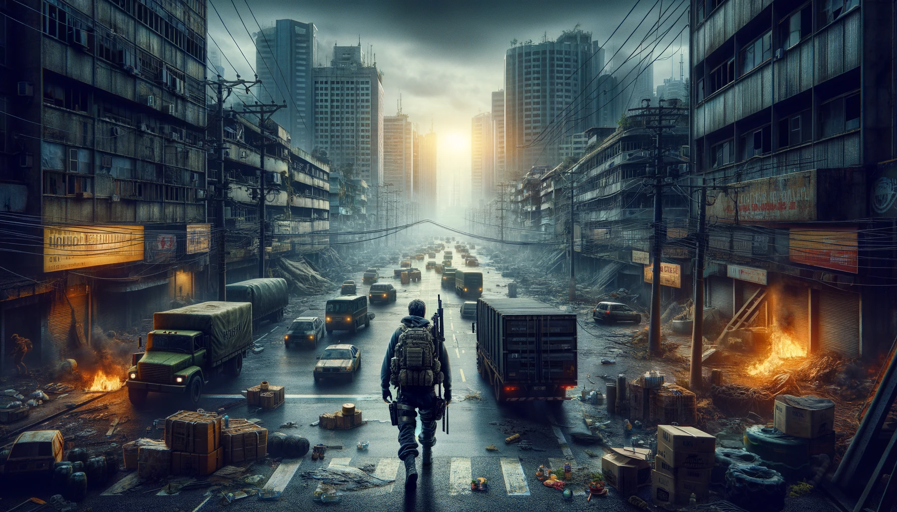 Prepper navigating through an urban SHTF scenario with blocked roads and scarcity of resources, showcasing urban survival skills in a desolate cityscape
