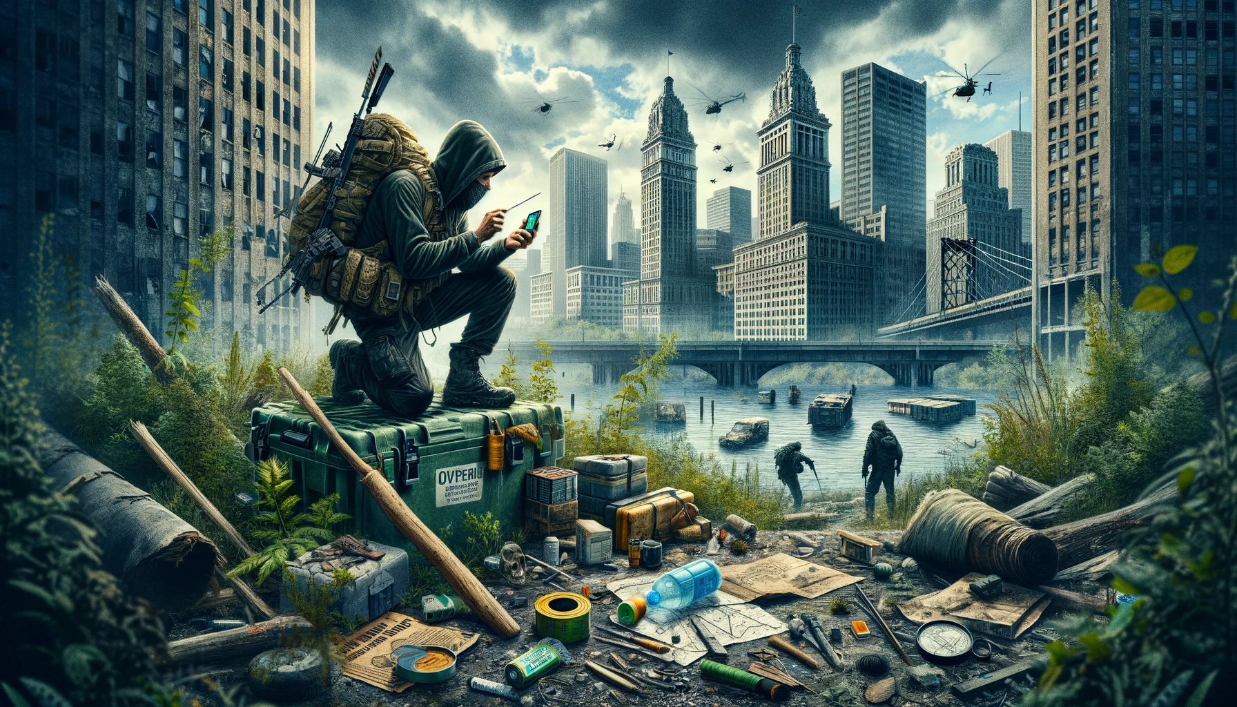 Urban prepper applying survival techniques in a city with abandoned buildings and overgrown lots, showcasing adaptability and resourcefulness