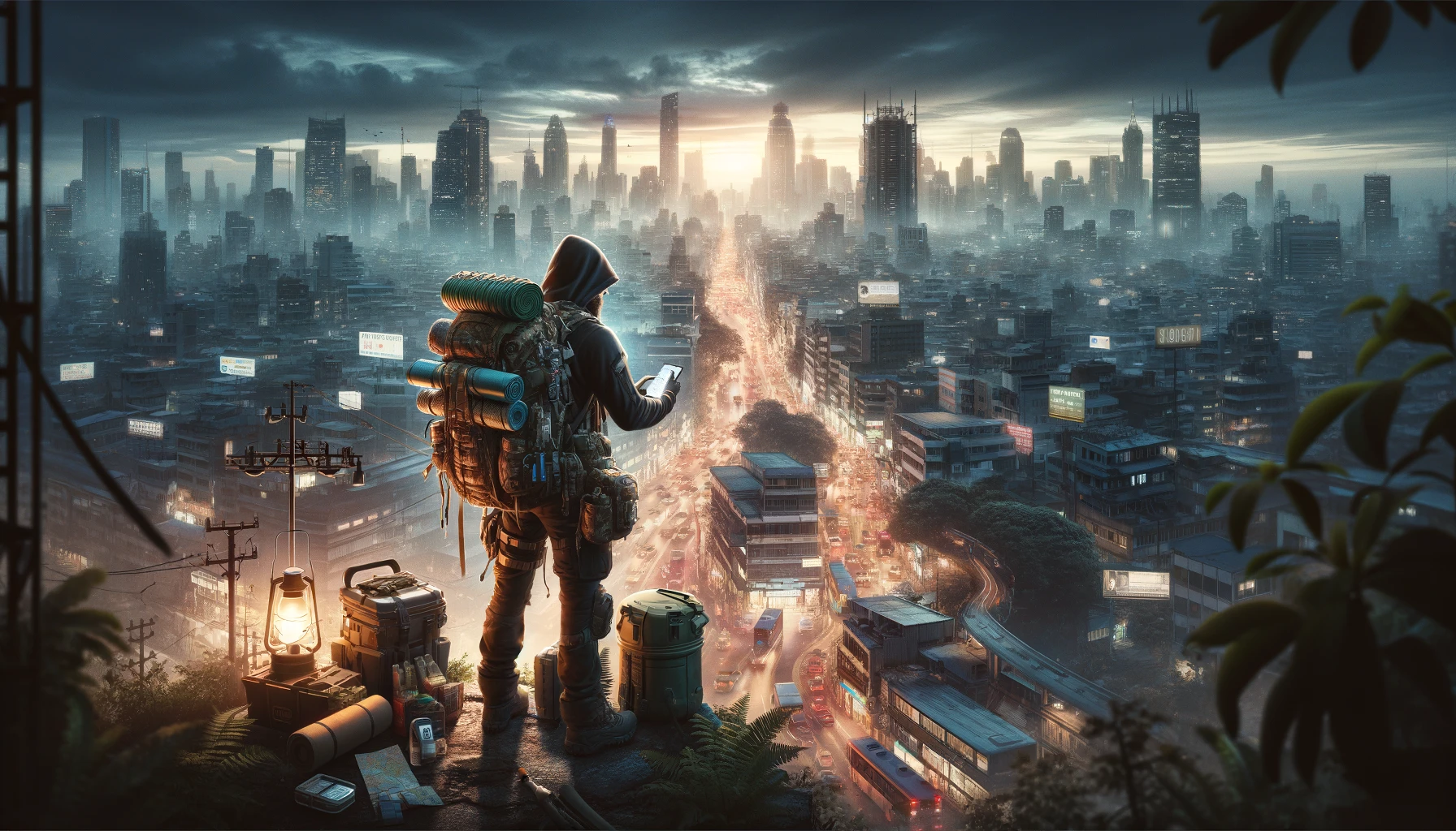 Urban prepper with survival gear navigating a densely populated city at dusk, highlighting adaptability and preparedness in an urban setting