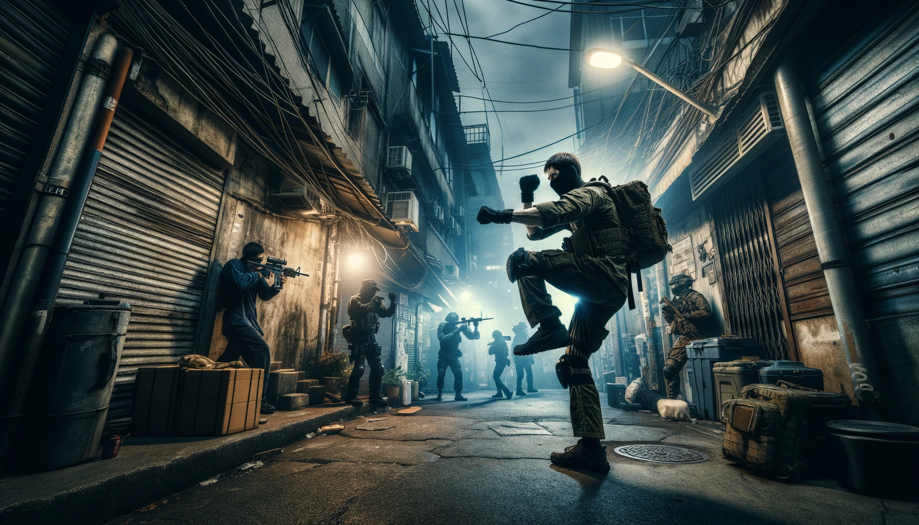 Prepper practicing self-defense in an urban environment with martial arts, improvised weapons, and tactical gear, emphasizing readiness and awareness