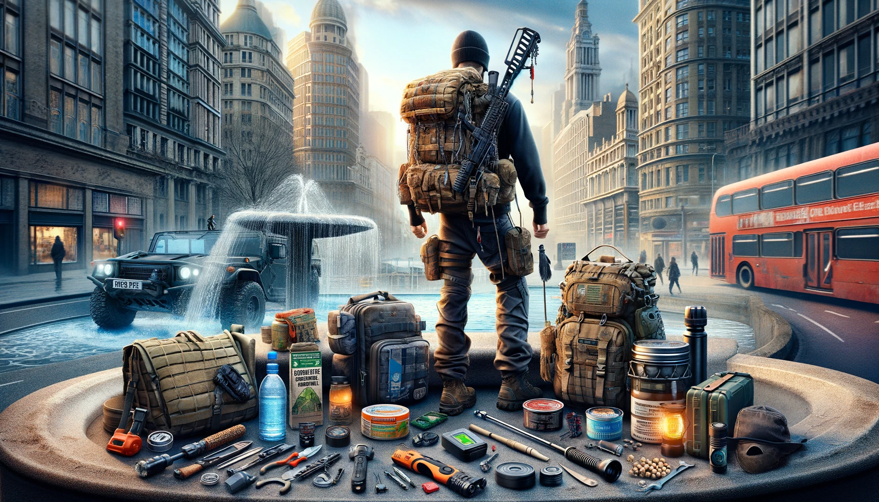 Prepper with essential survival gear navigating through urban environments, demonstrating adaptability with equipment like water purifiers and multi-tools