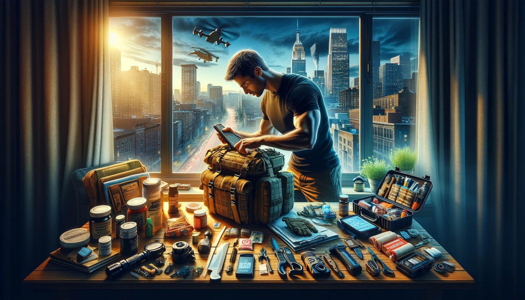 Urban prepper assembling a survival kit in an apartment, with essential items for urban emergencies, against a cityscape backdrop