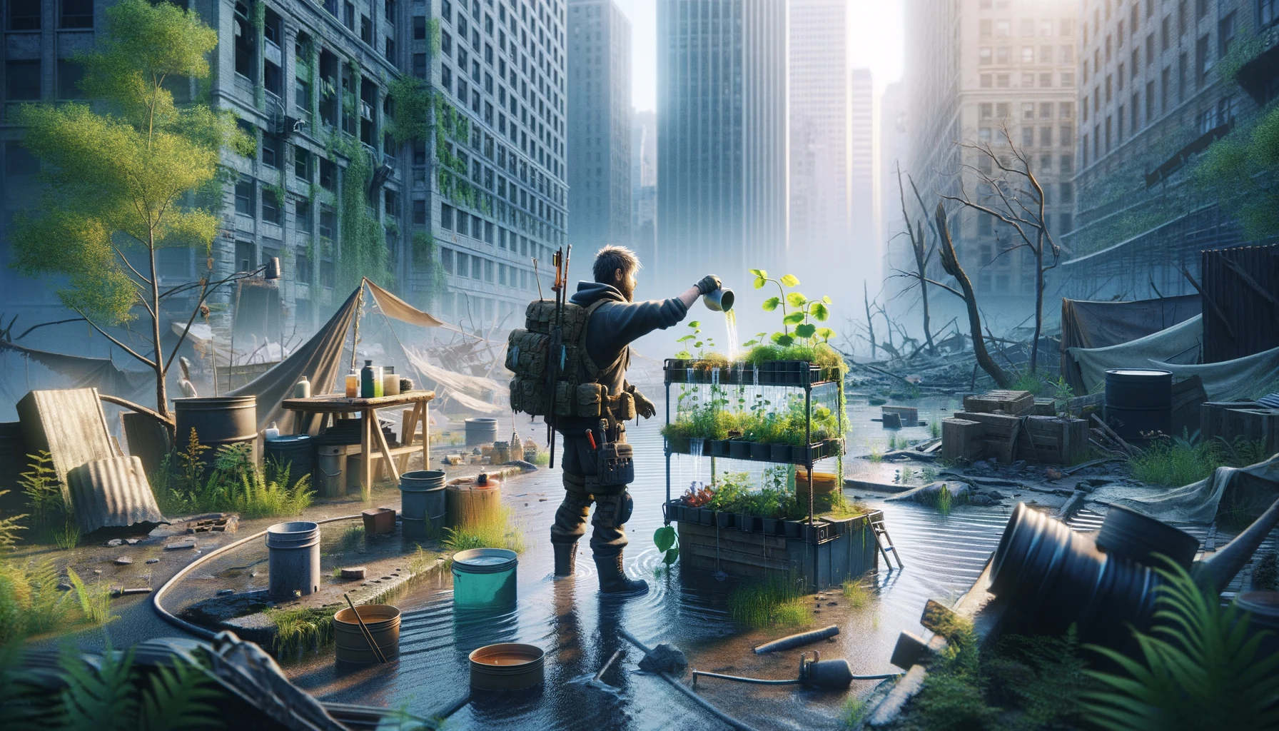Prepper foraging and scavenging in a post-apocalyptic urban setting, identifying edible plants and collecting resources, highlighting urban survival skills