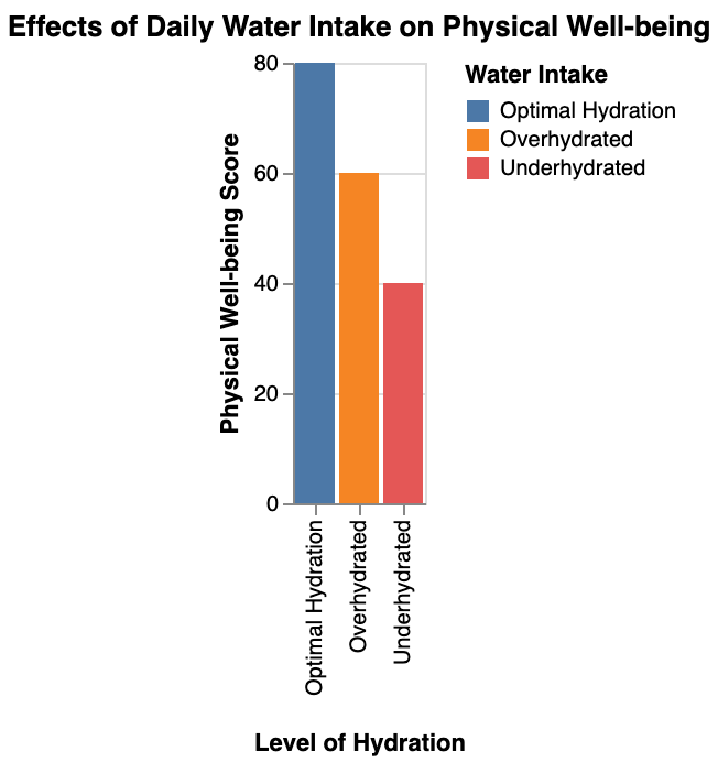 he effects of different levels of daily water intake on physical well-being, highlighting optimal hydration versus under and overhydration