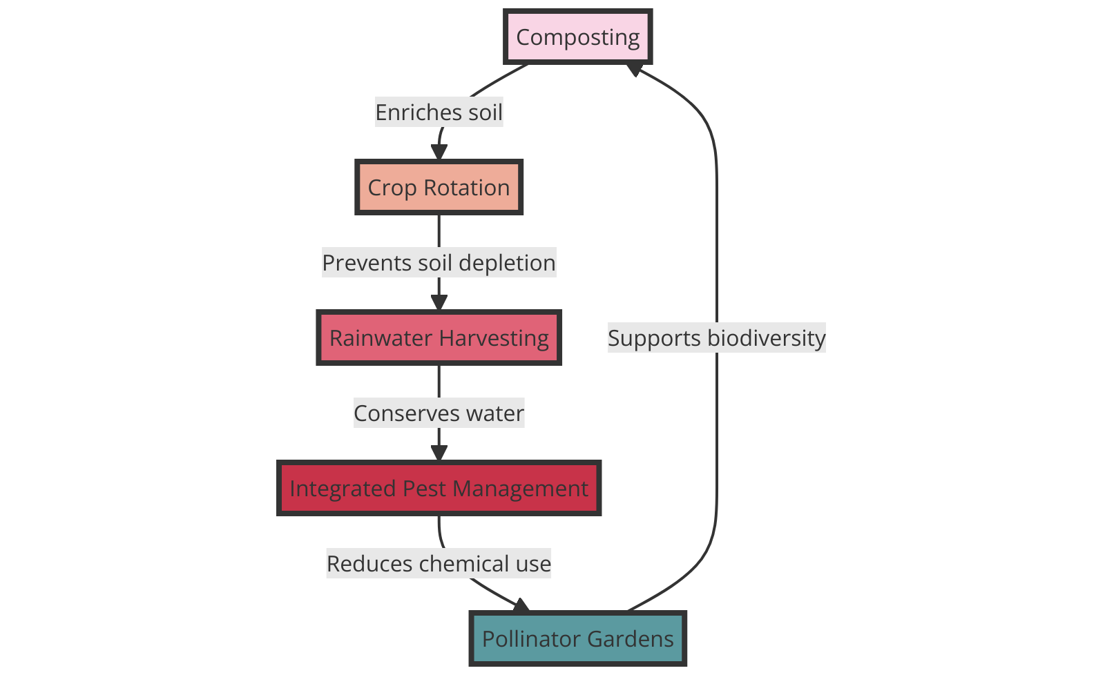 a cycle of sustainable garden practices in a vertical format, emphasizing ecological gardening techniques like composting, rainwater harvesting, and crop rotation