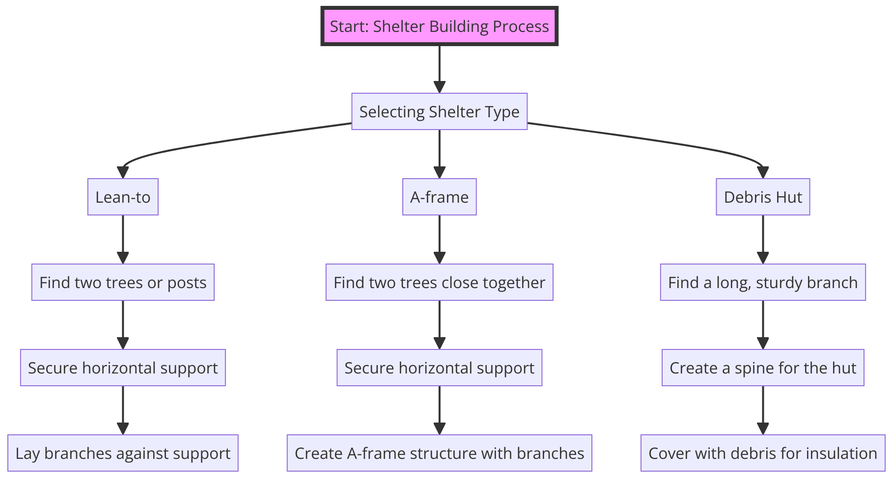 the process for setting up different types of shelters, including Lean-to, A-frame, and Debris hut, and detailing each step from selecting the shelter type to the final construction