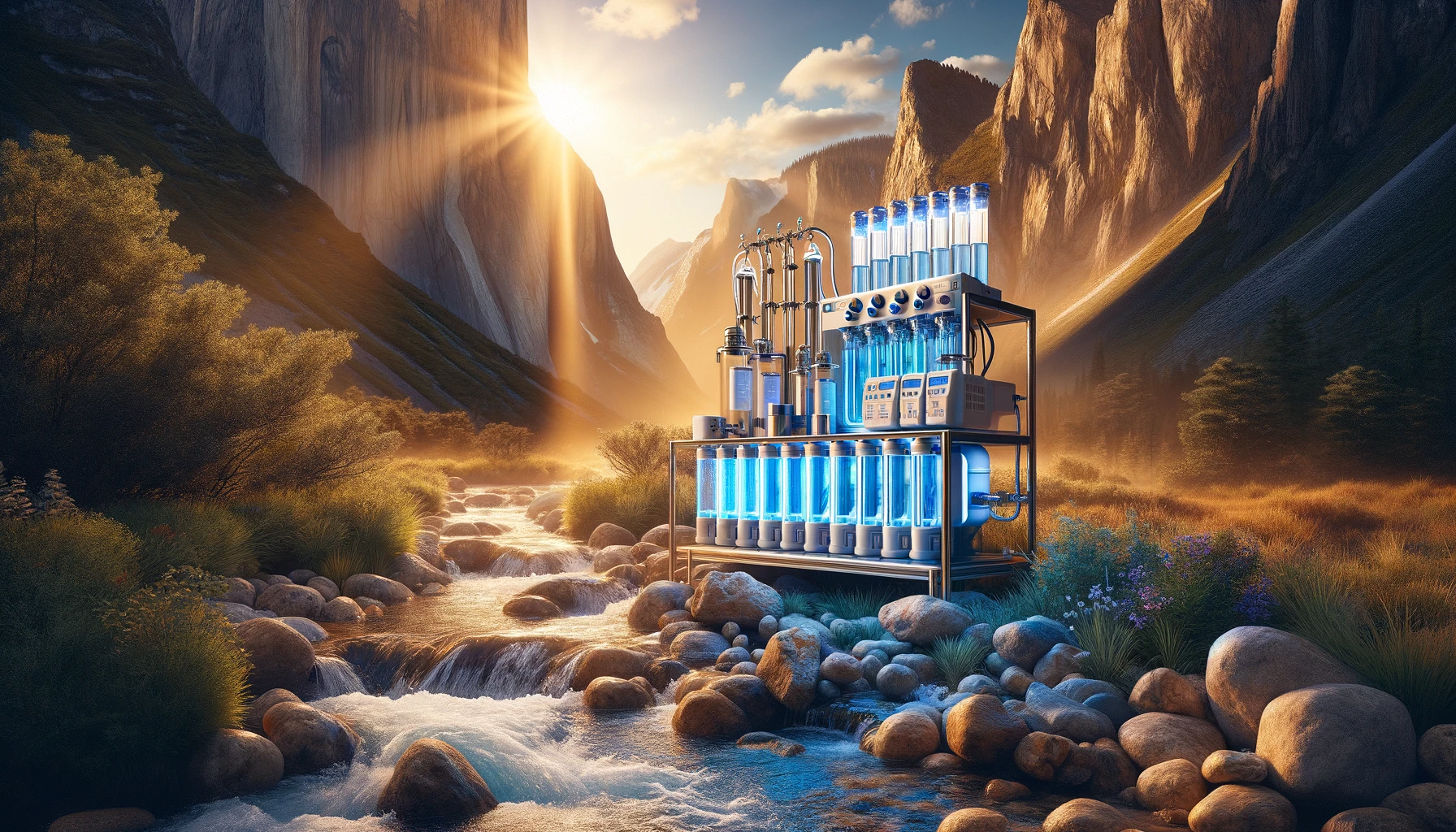 Sophisticated outdoor water purification setup with UV light units and chemical treatment areas beside a crystal-clear mountain stream, set against a rugged wilderness backdrop, illuminated by the warm, golden light of sunset, showcasing the harmony of modern technology and natural beauty for ensuring drinking water safety