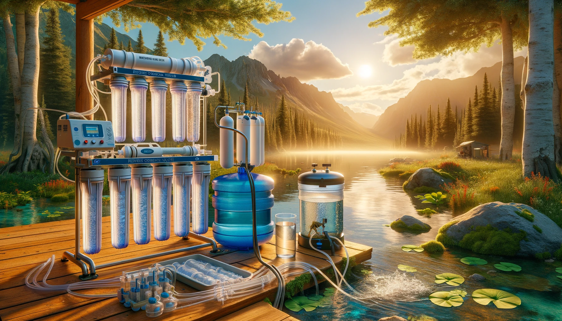 High-tech reverse osmosis and Berkey water filter systems in an off-grid outdoor setting, connected to clear water tanks against a serene wilderness backdrop with a pristine lake, highlighted by golden hour sunlight to showcase the pursuit of pure, uncontaminated drinking water.