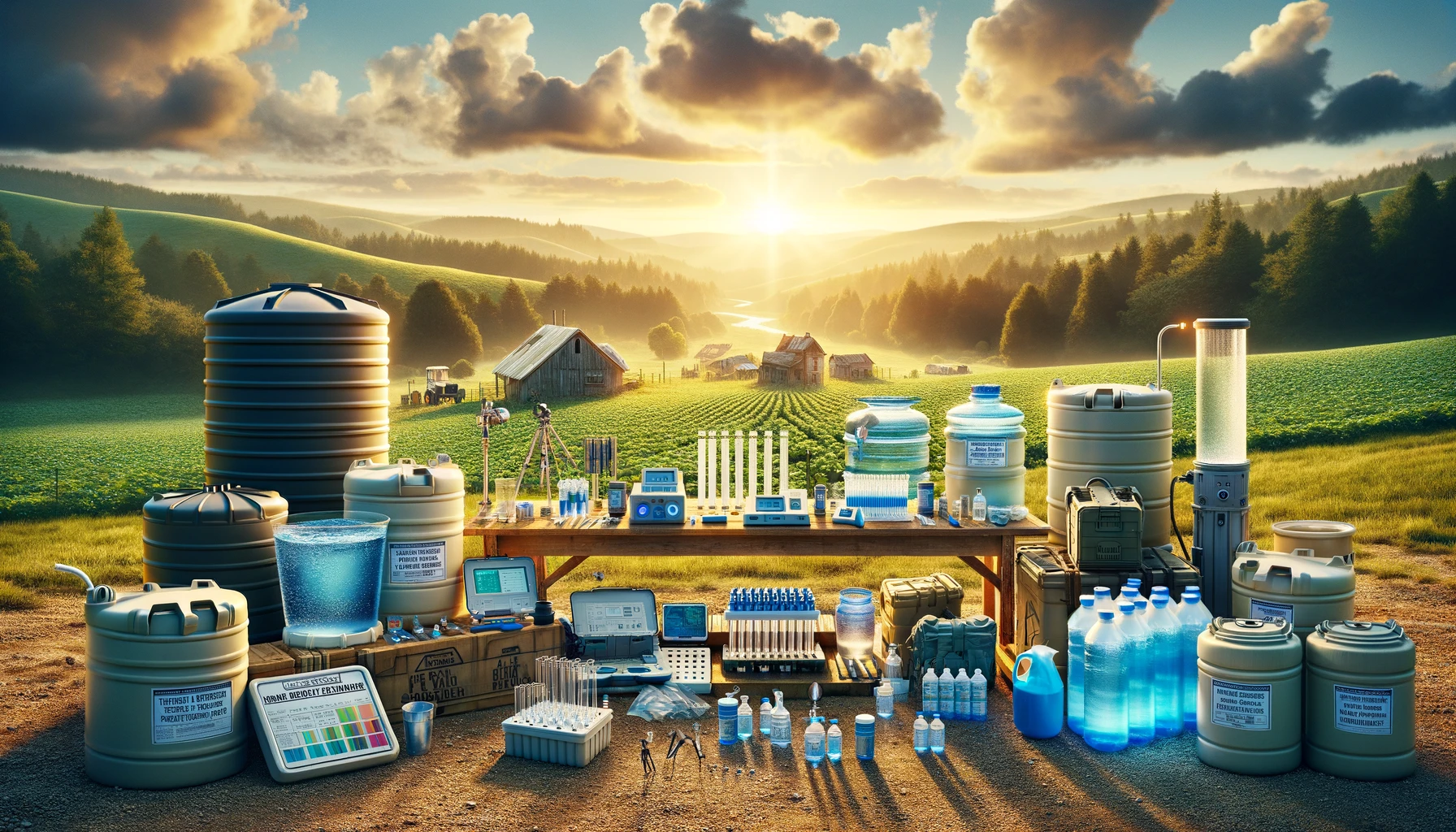 Comprehensive outdoor water testing and treatment setup showcasing water testing kits, UV light systems, and chemical treatment stations near rainwater storage containers, set against an idyllic rural backdrop, illuminated by the golden light of a setting sun, highlighting a proactive approach to ensuring rainwater potability and safety
