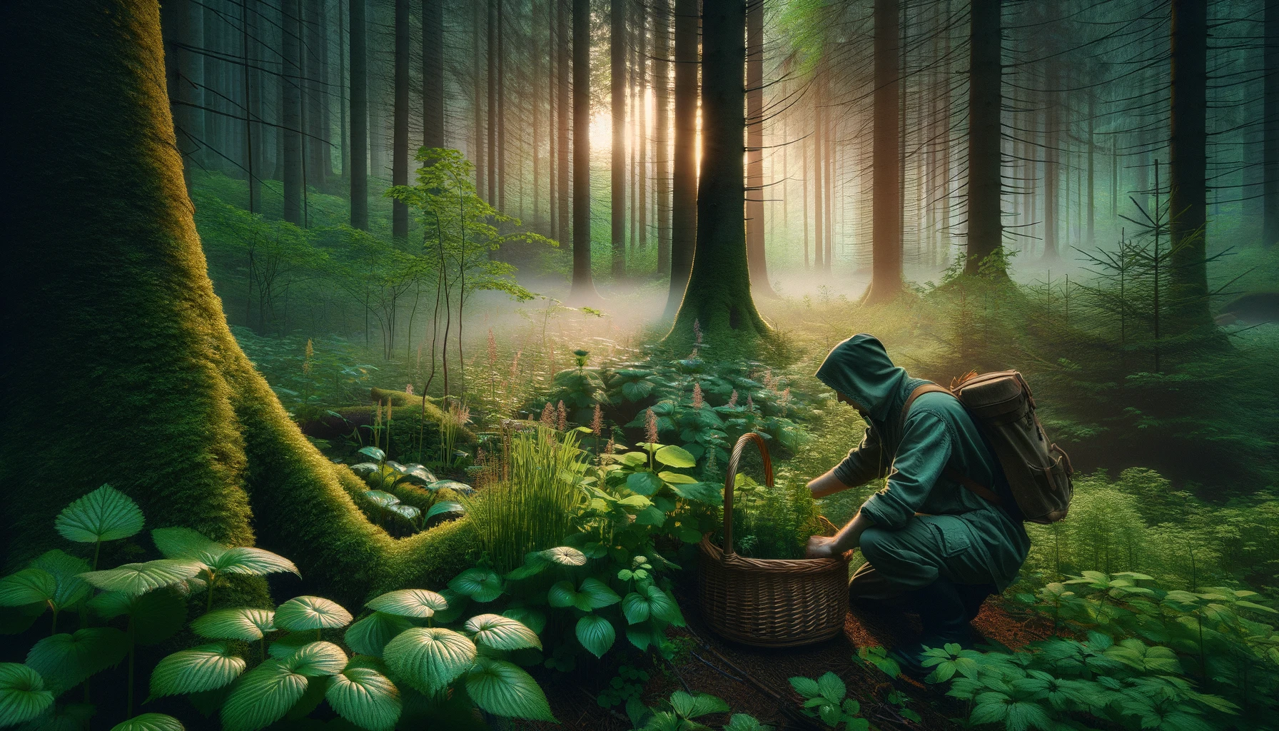 Person in outdoor attire kneeling and foraging for wild medicinal plants in a misty, dense forest at dawn. The basket beside them holds an array of freshly picked greenery, highlighting their knowledge and respect for nature. The scene, bathed in the soft light of dawn, evokes tranquility and a deep connection to the healing power of the wild, perfectly capturing the adventurous spirit of foraging for natural remedies