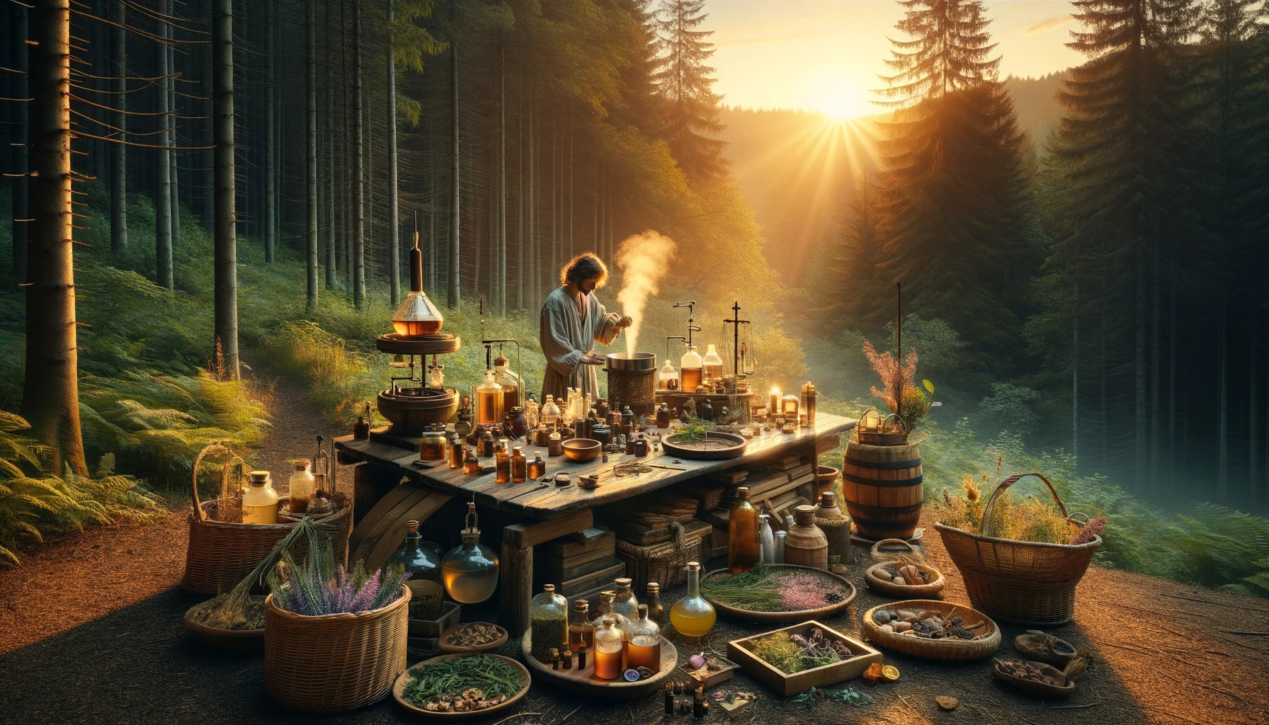 Expert herbalist crafting medicinal remedies from wild foods in a serene forest at dawn, with a workspace of wooden surfaces and natural materials. The scene includes distilling essential oils, drying herbs, and earthenware jars with tinctures, illuminated by the soft glow of sunrise. This image beautifully captures the harmony between traditional herbalism and nature, emphasizing the art and science of using wild foods for healing