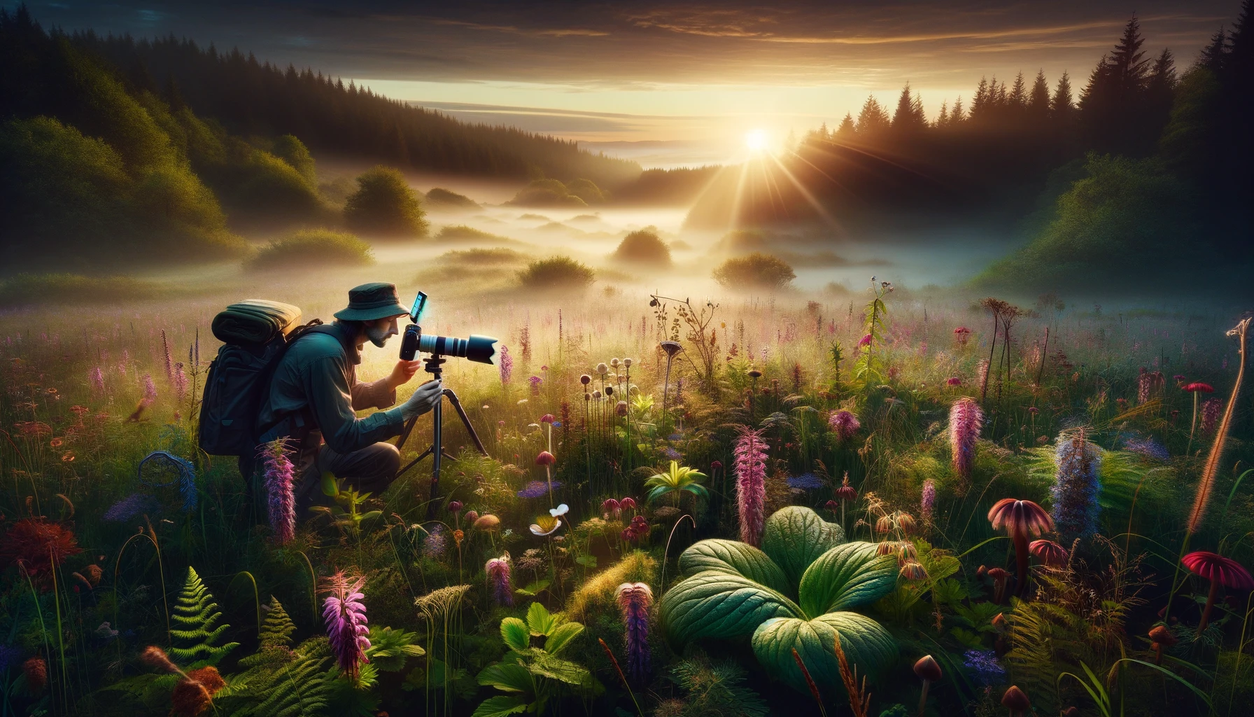 Skilled herbalist with digital tablet and camera examining rare plants in a colorful, misty meadow at dawn. The scene, highlighting a modern approach to ancient herbalism, combines the vibrant beauty of untamed nature with the precision of science, evoking awe for the medicinal uses of wild plants and the importance of preserving natural health remedies