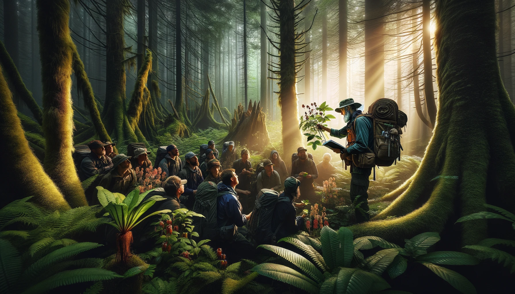 Seasoned forager demonstrating edible and medicinal plant identification to learners in a dense forest at sunset. Equipped with rugged gear and guidebooks, the group explores nature's bounty, highlighting the essential survival skills and respect for the natural world. This scene captures the essence of self-reliance and the transfer of knowledge, inspiring awe for the practice of foraging